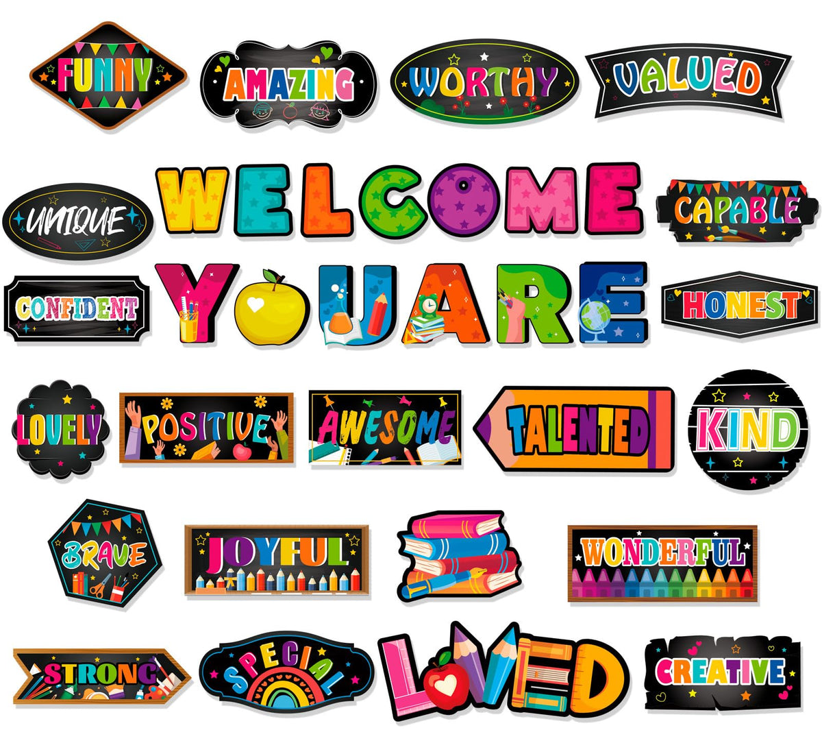 Howaf 34Pcs Chalkboard Affirmation Station Bulletin Board Set, Inspirational Cutouts For Welcome Back To School Classroom Decor,