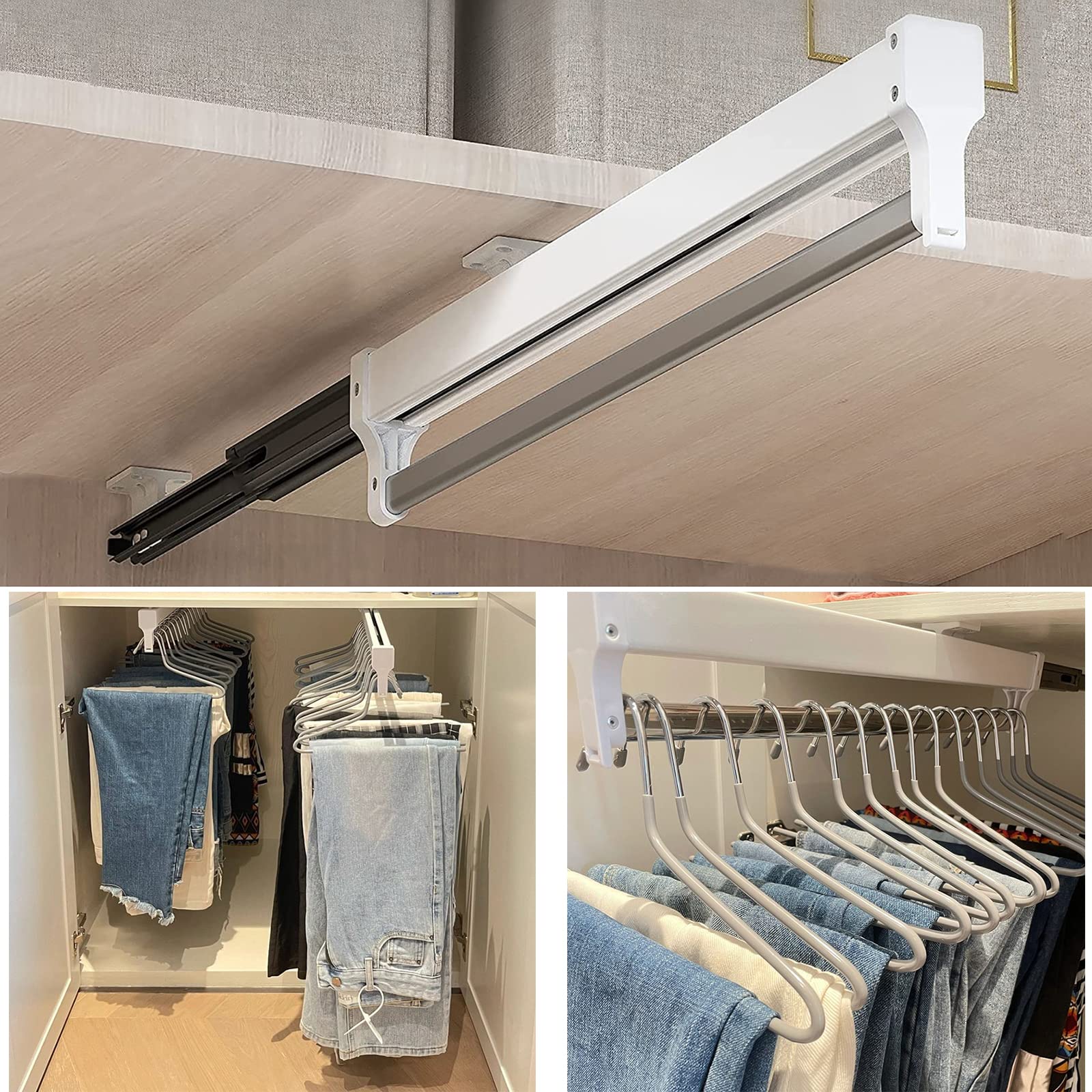 MAFAGE Pull Out Closet Valet Rod, Adjustable Sliding Heavy Duty Steel Top Mounted Clothes Storage Hanger Rail for Closet Wardrob