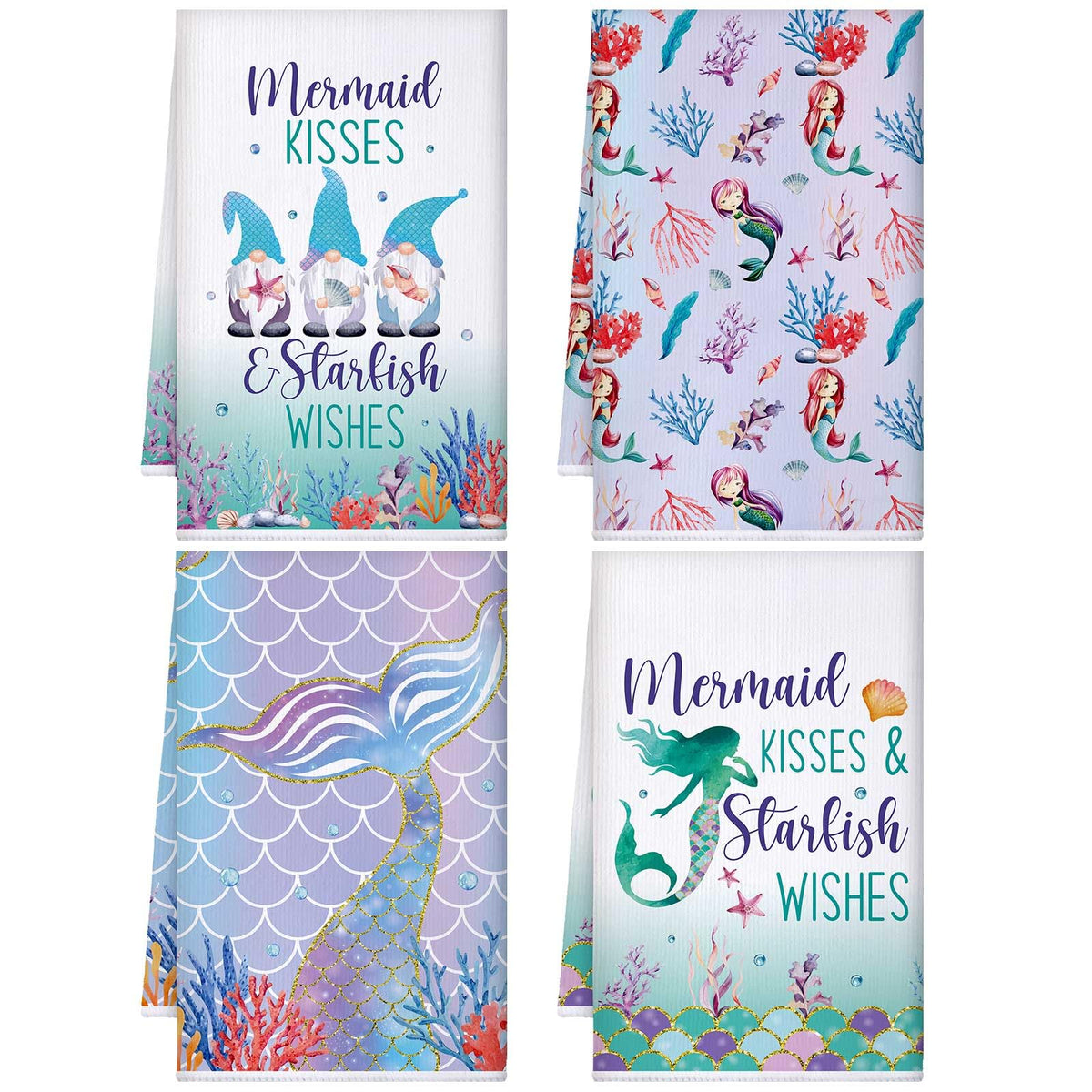 Bencailor 4 Pcs Mermaid Decorative Kitchen Towels Absorbent Tail Decor 24 x 16 Inch Tea Hand Bath Towel Mermaid Shell Dish Acces