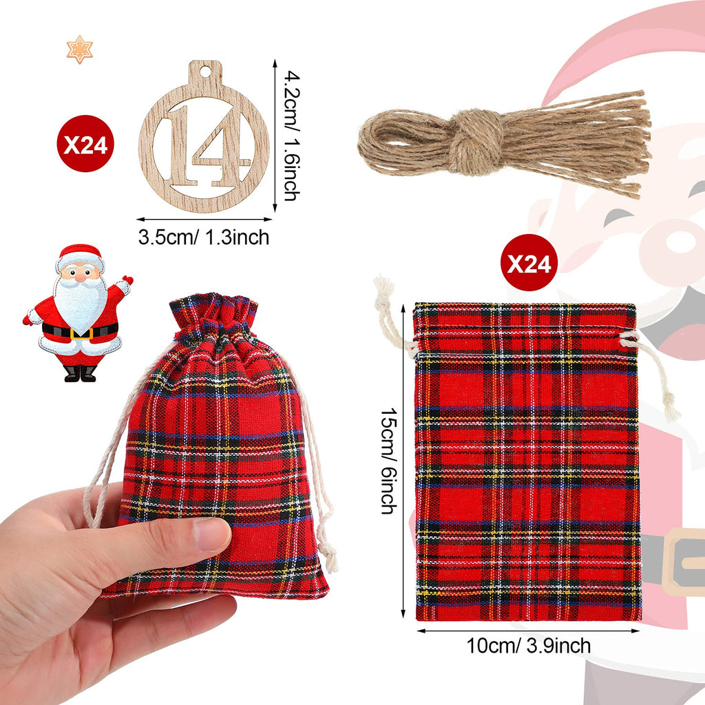Christmas 24 Days Advent Calendar Xmas Countdown Wooden Numbers With 24 Pieces Buffalo Check Drawstring Christmas Bags For Party