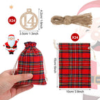 Christmas 24 Days Advent Calendar Xmas Countdown Wooden Numbers With 24 Pieces Buffalo Check Drawstring Christmas Bags For Party