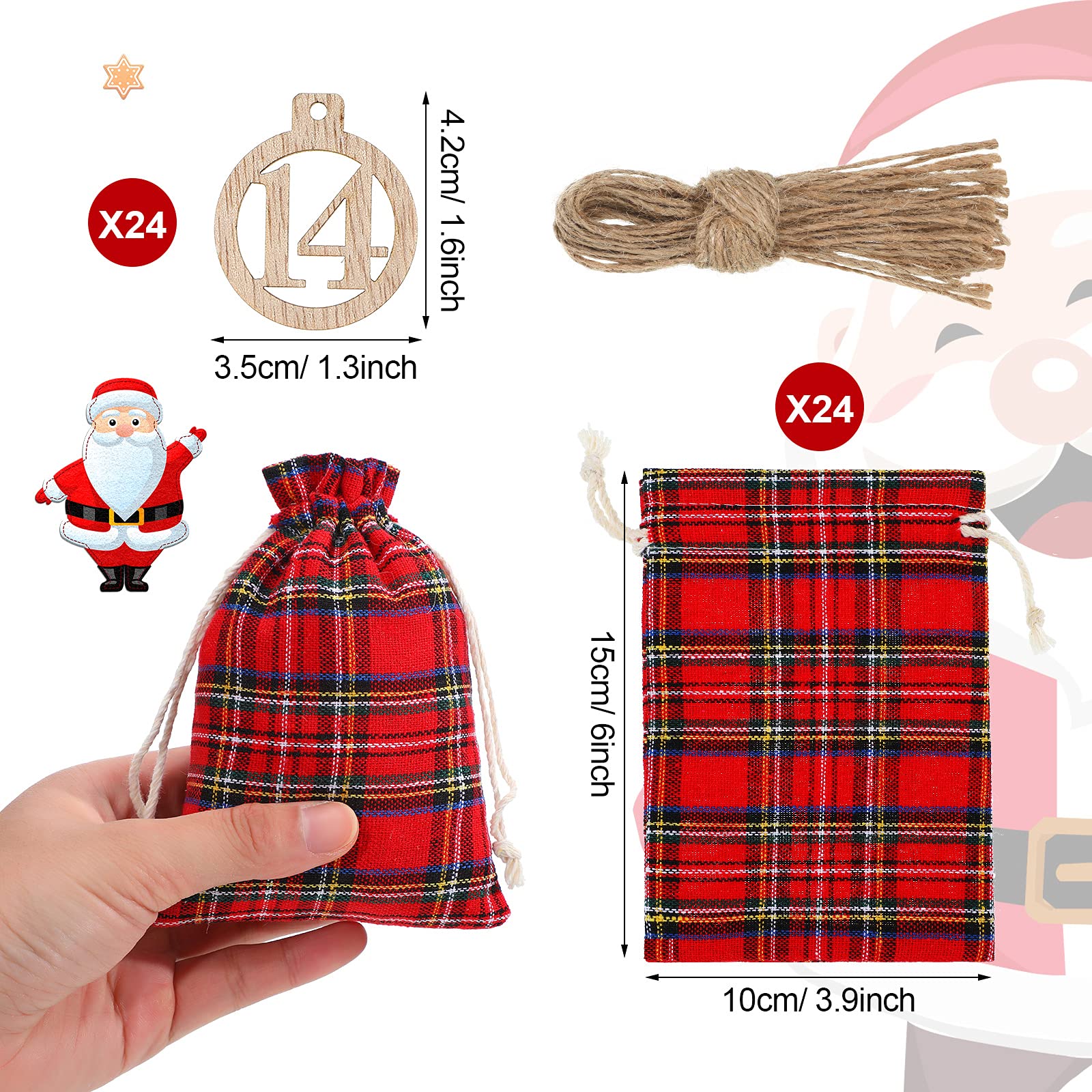 Christmas 24 Days Advent Calendar Xmas Countdown Wooden Numbers With 24 Pieces Buffalo Check Drawstring Christmas Bags For Party