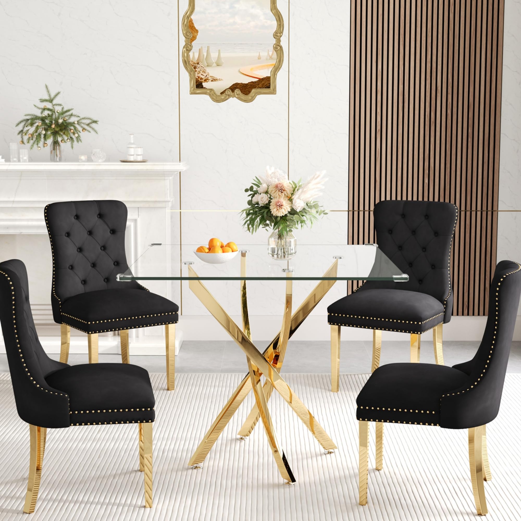 Af Artisan Furniture 36' Square Glass Dining Table Set For 4, 5-Piece Modern Kitchen Table With 4 Black Velvet Chairs, Modern C