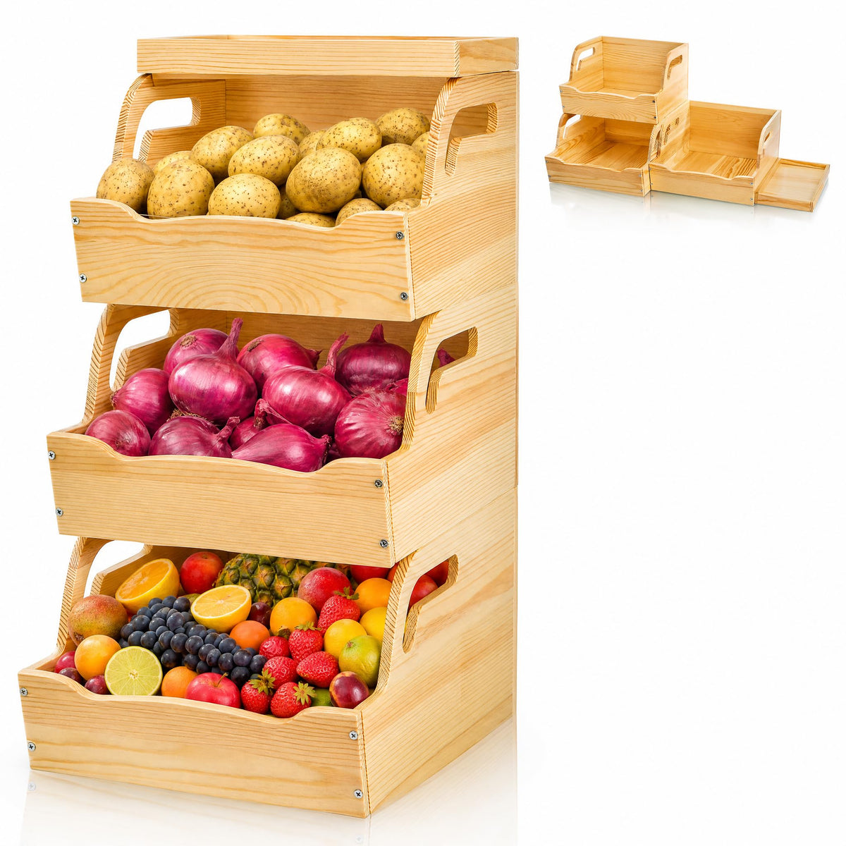 YIMITEE Wood Potato Onion Storage Bin, Stackable Pantry Organizer, Open Front Kitchen Produce Storage with Antislip Mat, 3 Tier