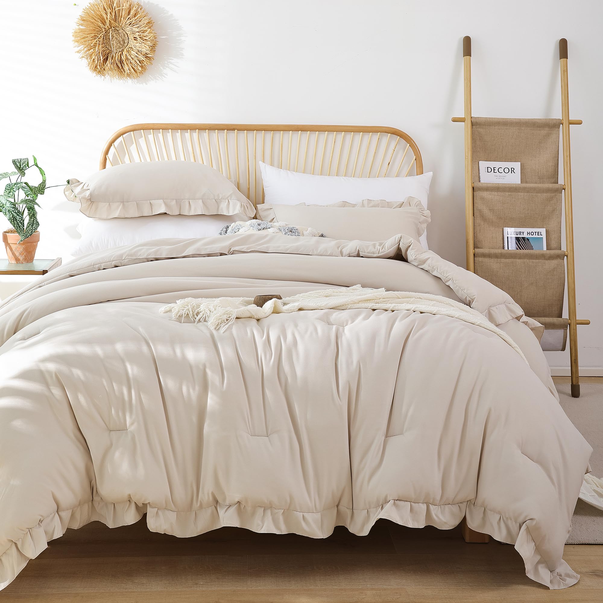 Janzaa Comforter Set Full Size Beige Ruffle Comforter 3Pcs Soft Fluffy Comforter Vintage Farmhouse Bed Comforter Set Shabby Chic
