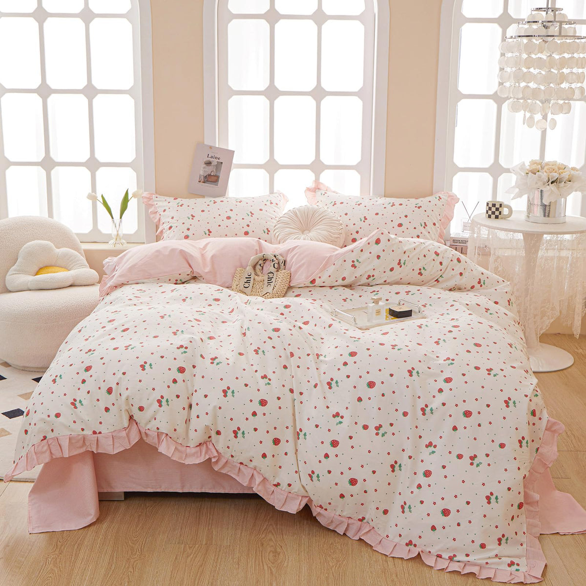 Ruffle Pink Strawberry Duvet Cover King Cotton Floral Lace Duvet Cover Cute Ruffle Strawberry Bedding Set Kawaii Strawberry Ruff