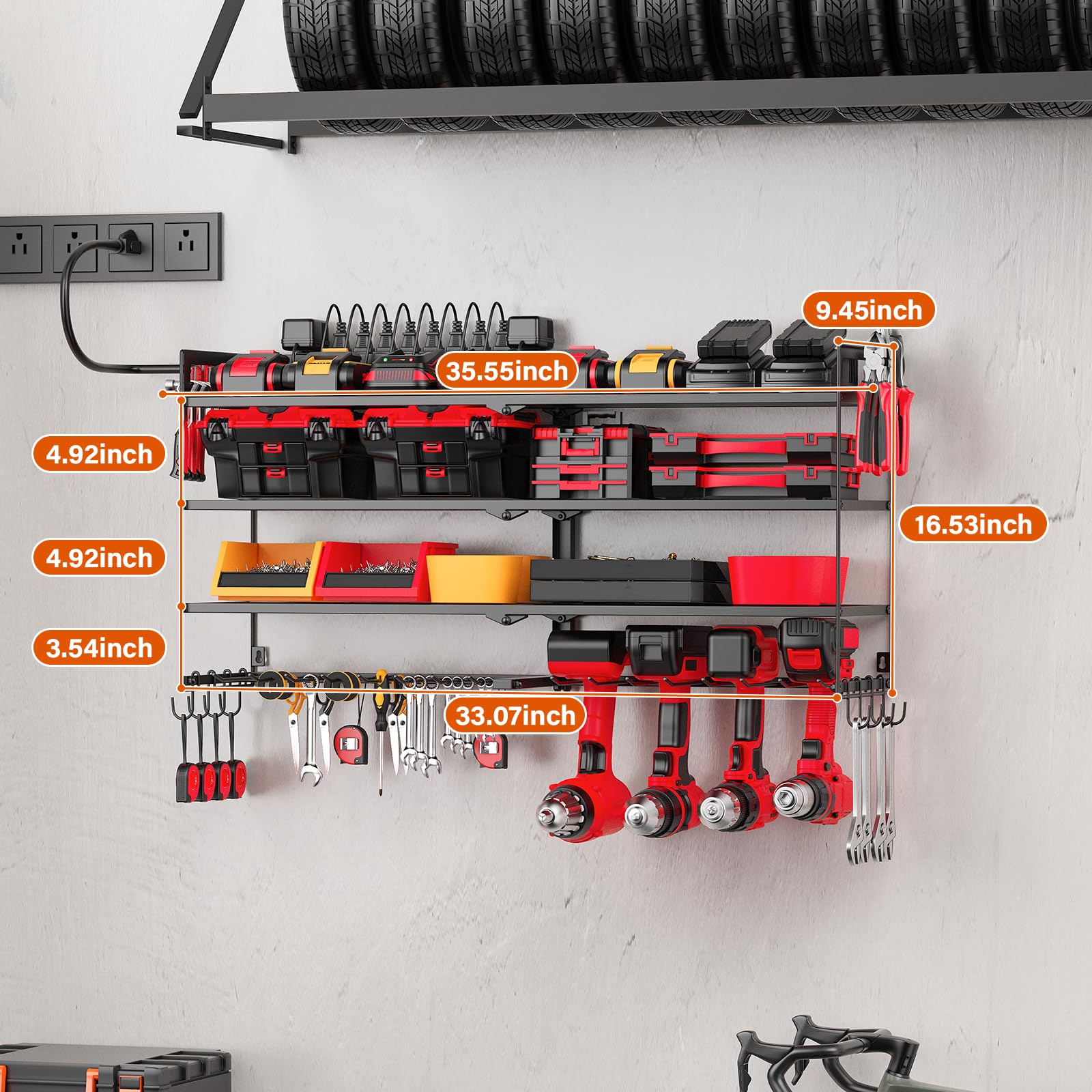 Junnuj Large Power Tool Organizer With 10 Outlet Power Strip, 4 Layer Wall Mount Drill Holder With Charging Station, 8 Drills Storage Shelf Shop Garage Utility Rack, Black