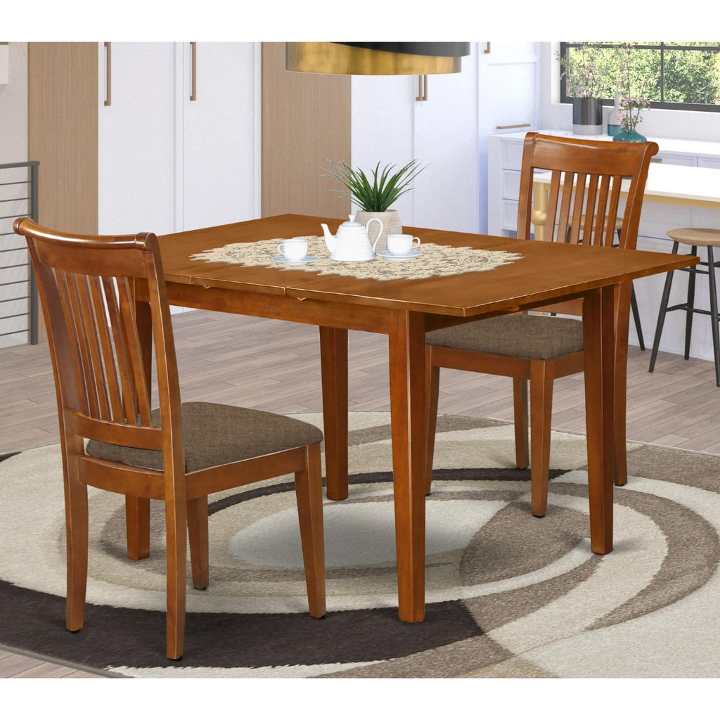 East West Furniture MLPO3-SBR-C 3 Piece Kitchen Table Set Contains a Rectangle Dining Room Table with Butterfly Leaf and 2 Linen Fabric Upholstered Chairs, 36x54 Inch, Saddle Brown