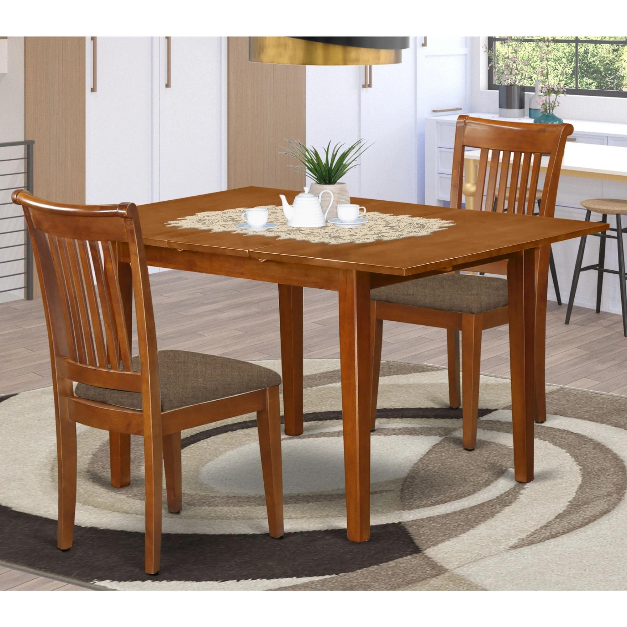 East West Furniture MLPO3-SBR-C 3 Piece Kitchen Table Set Contains a Rectangle Dining Room Table with Butterfly Leaf and 2 Linen Fabric Upholstered Chairs, 36x54 Inch, Saddle Brown
