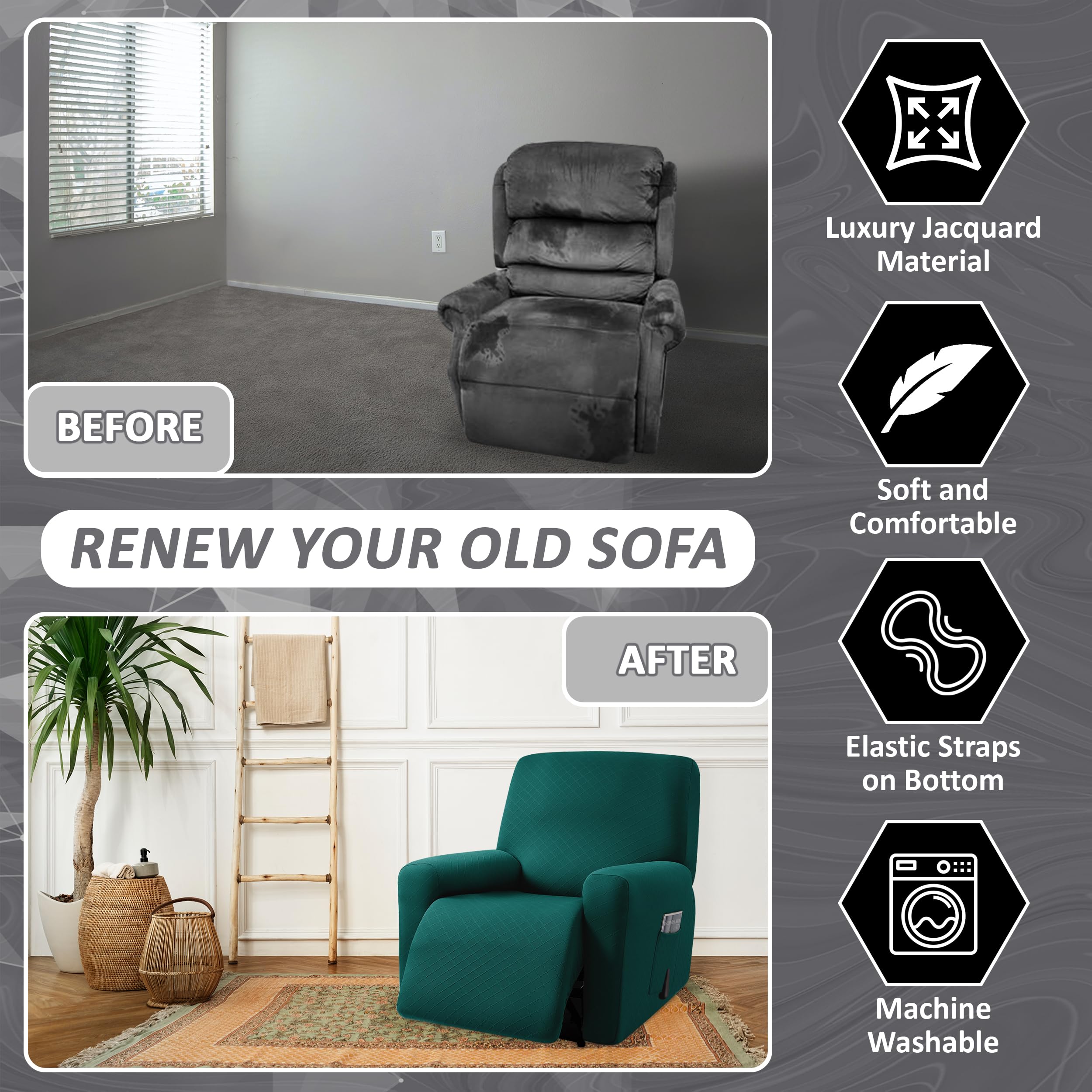 Ulticor Squared Jacquard Design, 4-Piece, 1 Seat Recliner Cover, Reclining Chair Covers For 1 Cushion Reclining Sofa, Single Sea