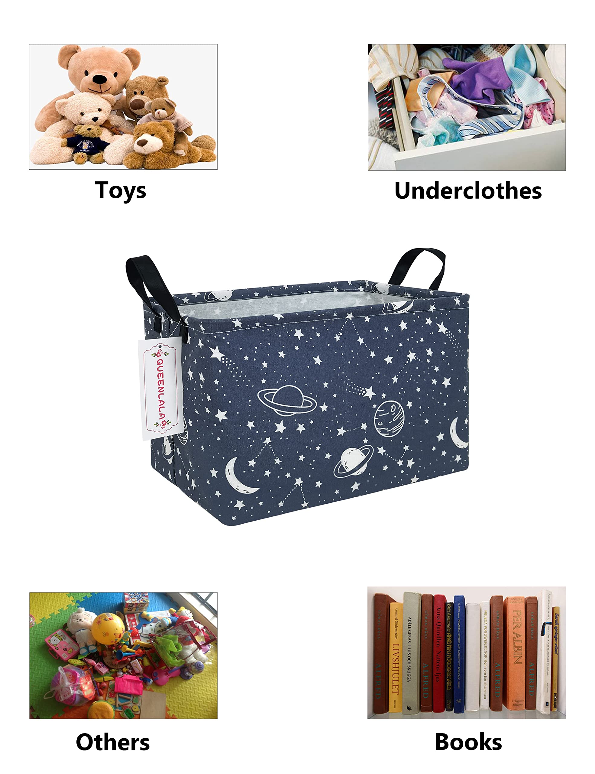 Queenlala Rectangular Laundry Hamper/Foldable Nursery Laundry Basket For Organizing/Storage Bin Baskets/Children Toy Office Bedroom/Toy Bin Closet Shelf Baskets(Rec-Blue-Starry Sky)