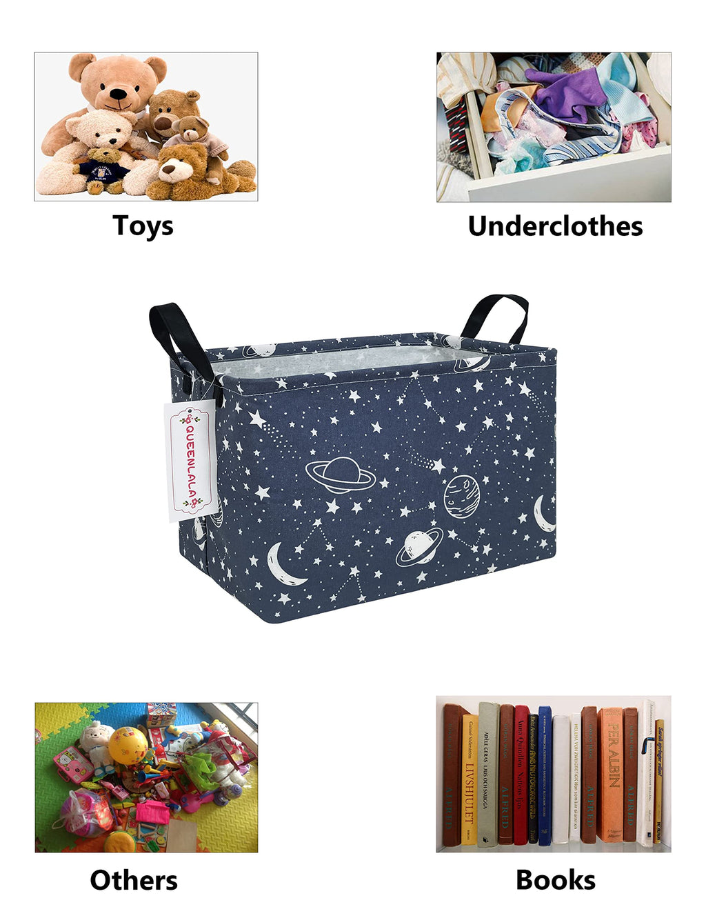 Queenlala Rectangular Laundry Hamper/Foldable Nursery Laundry Basket For Organizing/Storage Bin Baskets/Children Toy Office Bedroom/Toy Bin Closet Shelf Baskets(Rec-Blue-Starry Sky)