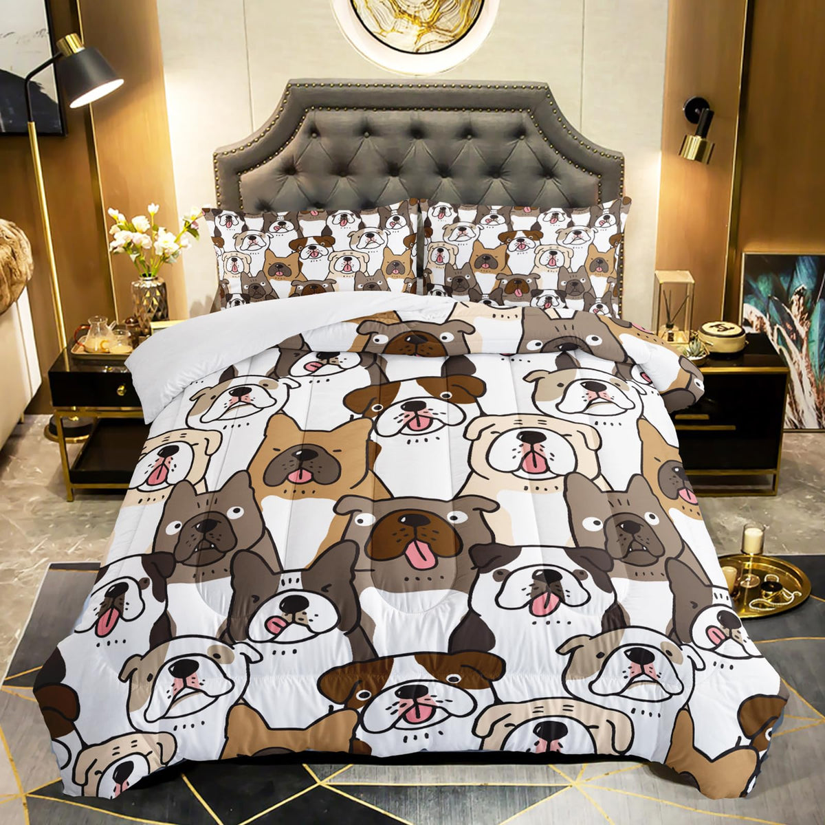 Qoomo Kawaii Dog Comforter Queen Size,Dogs Comforter Set For Kids Teens Girls Boys,3Pcs Bedding Set Printed Comforter With 2 Pil