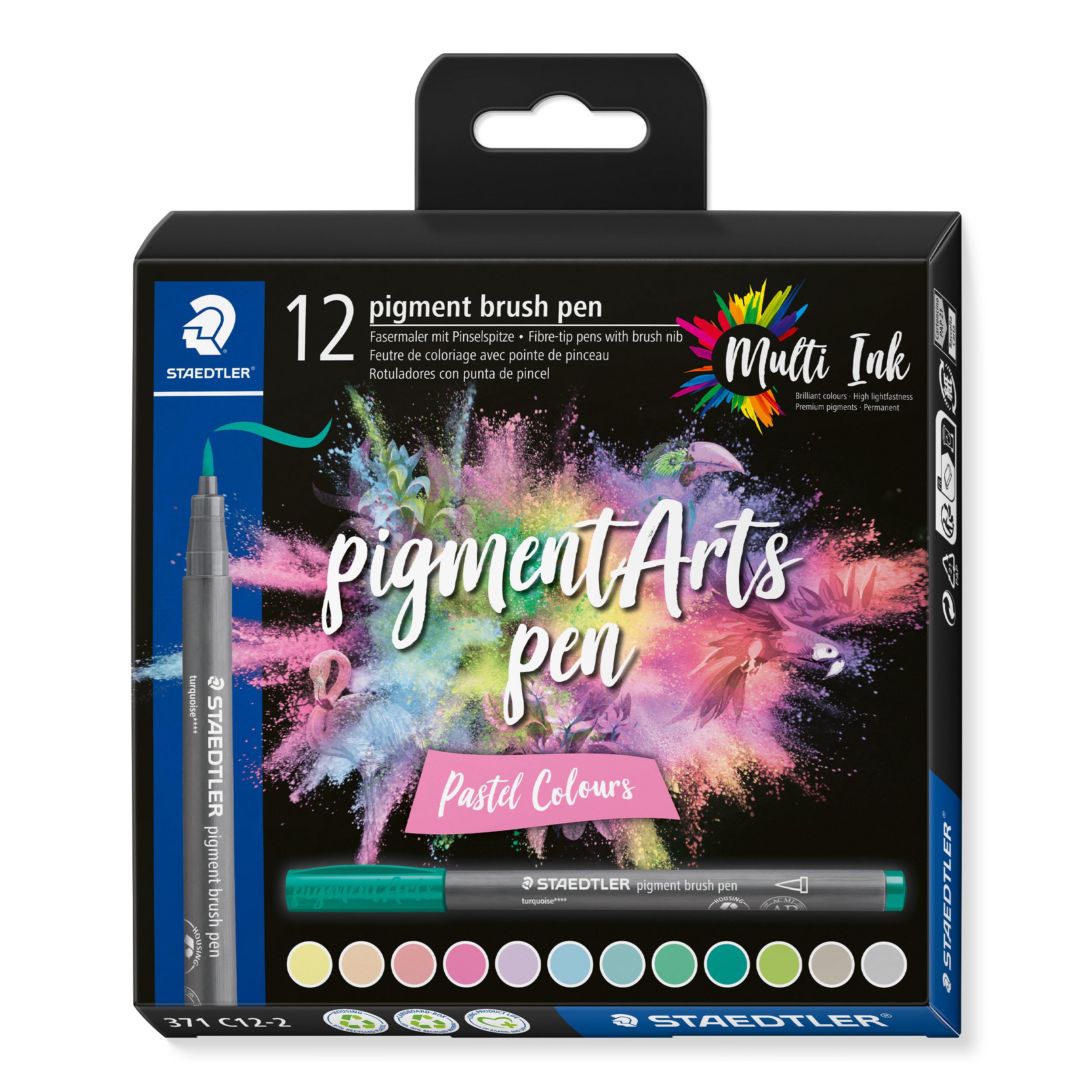 Staedtler Pigment Arts Brush Pen, Pastel Colours, Pack Of 12 Pens, 371 C12-2