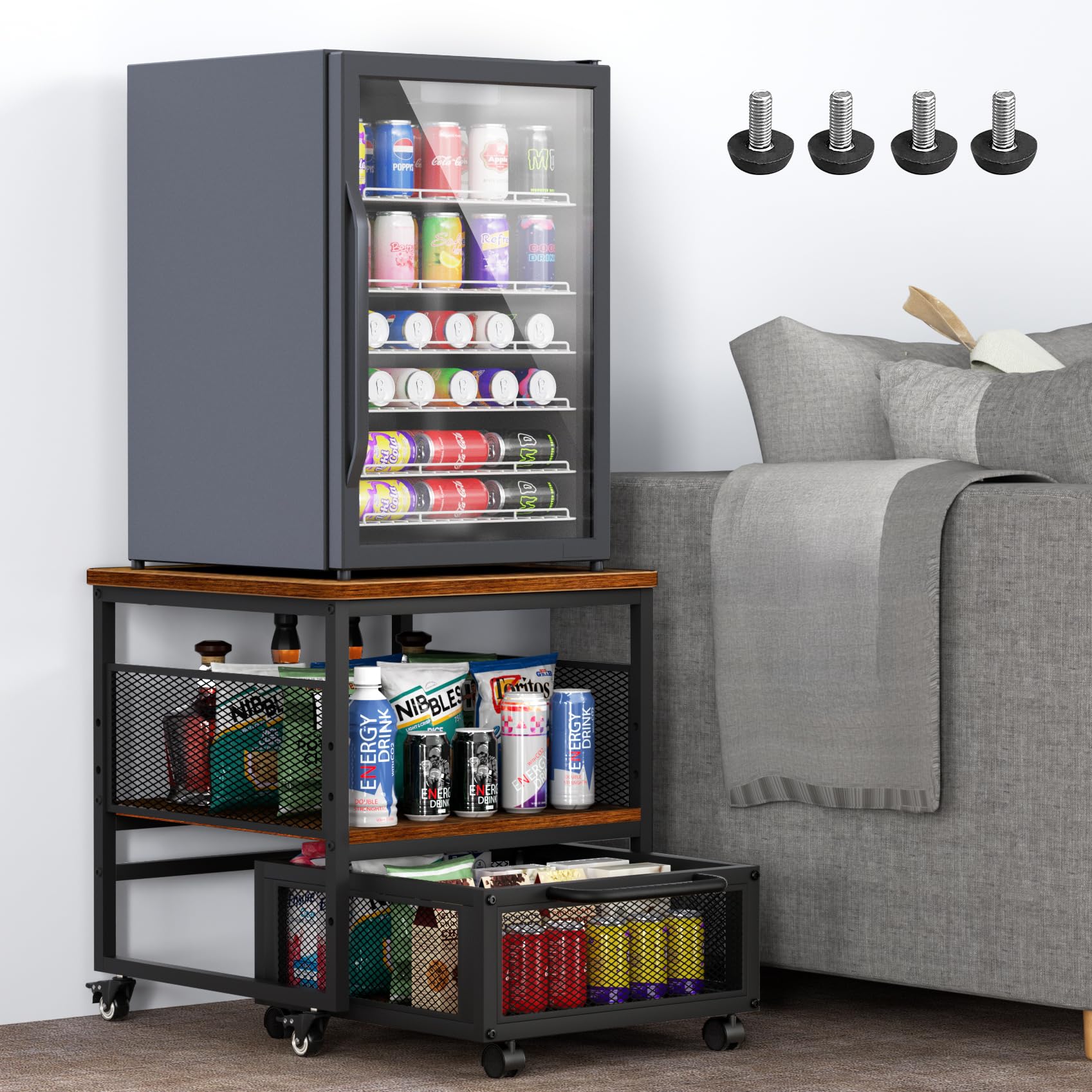 21X21In Mini Fridge Stand With Storage, Heavy Duty Mini Fridge Table With 4 Lockable Wheels For Coffee Bar 220Lbs Compact Bevera