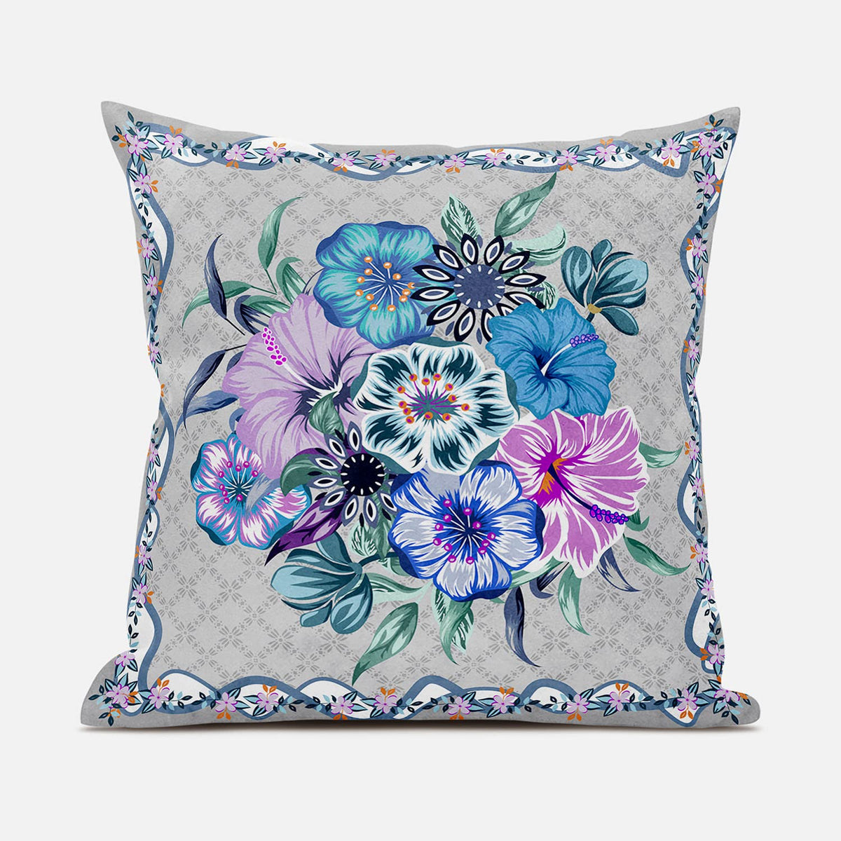 HomeRoots 18x18 Beige Blue Gray Blown Seam Broadcloth Floral Throw Pillow