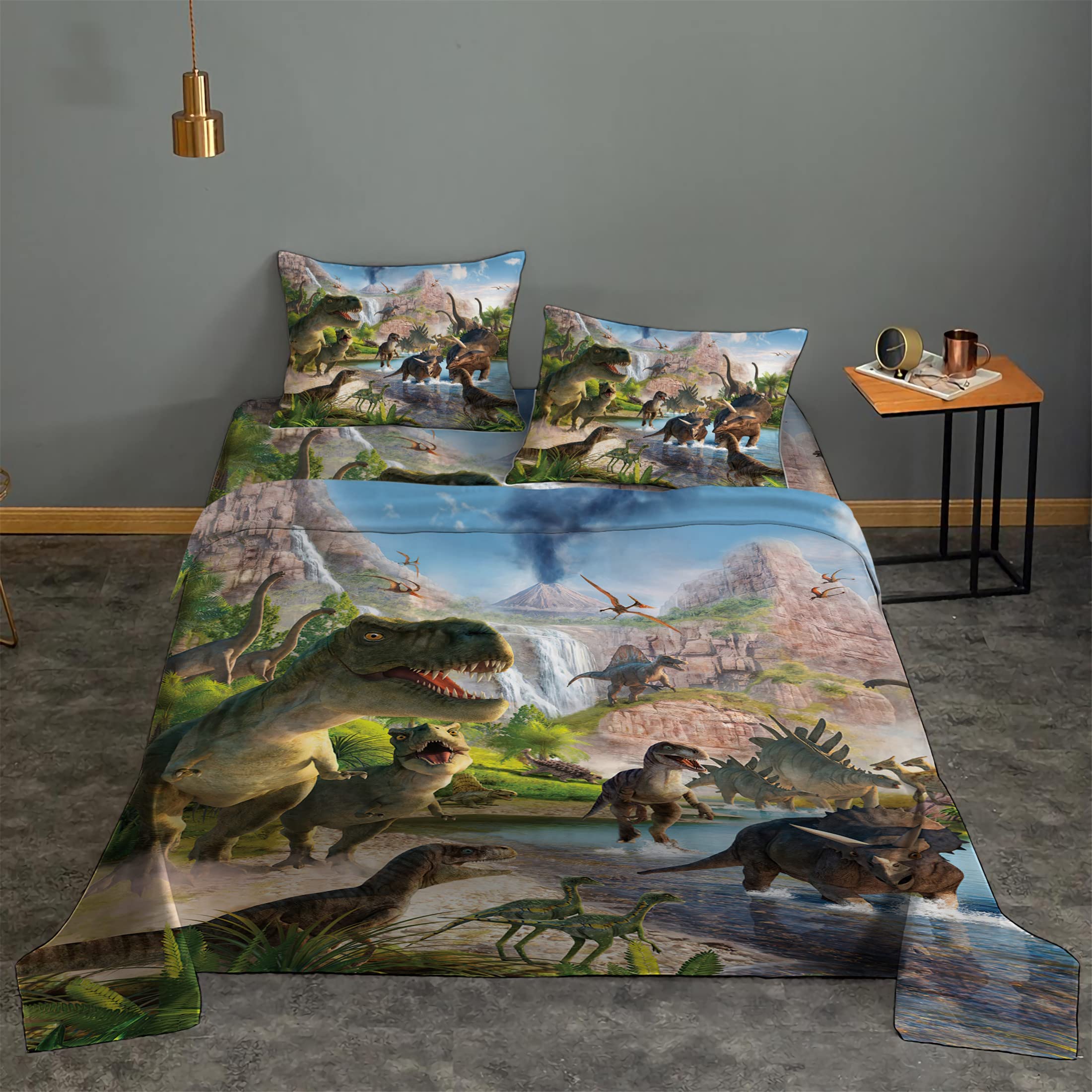 Niuone 4 Pieces Dinosaurs Bed Sheets Set Twin For Boys 3D Realistic Dinosaur Green Bed Sheets Set Ancient Dinosaur Theme Kids Be