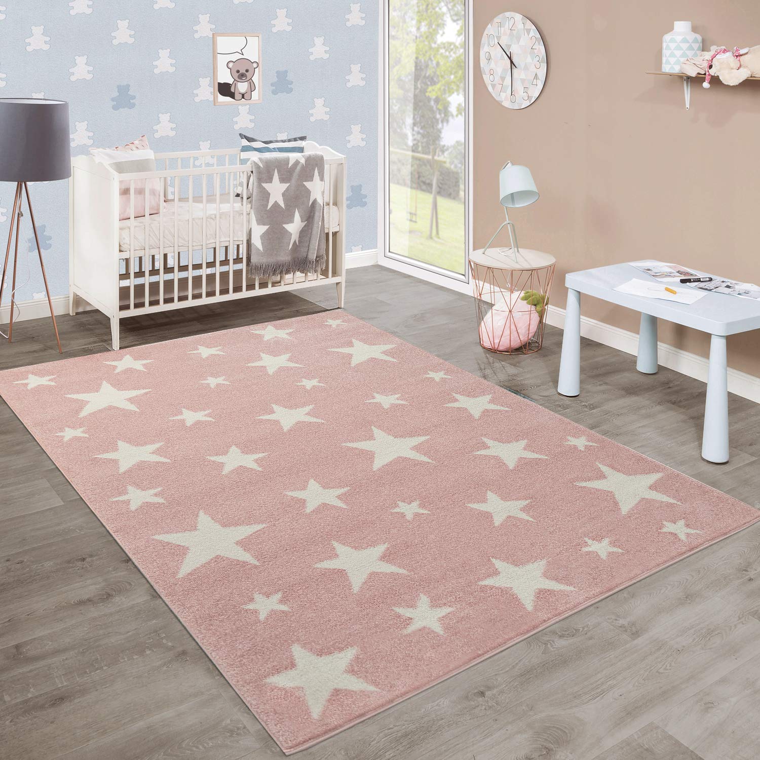 Paco Home Modern Short-Pile Kids Rug Star Design Childrens Room Pastel Pink White, Size:28 x 411