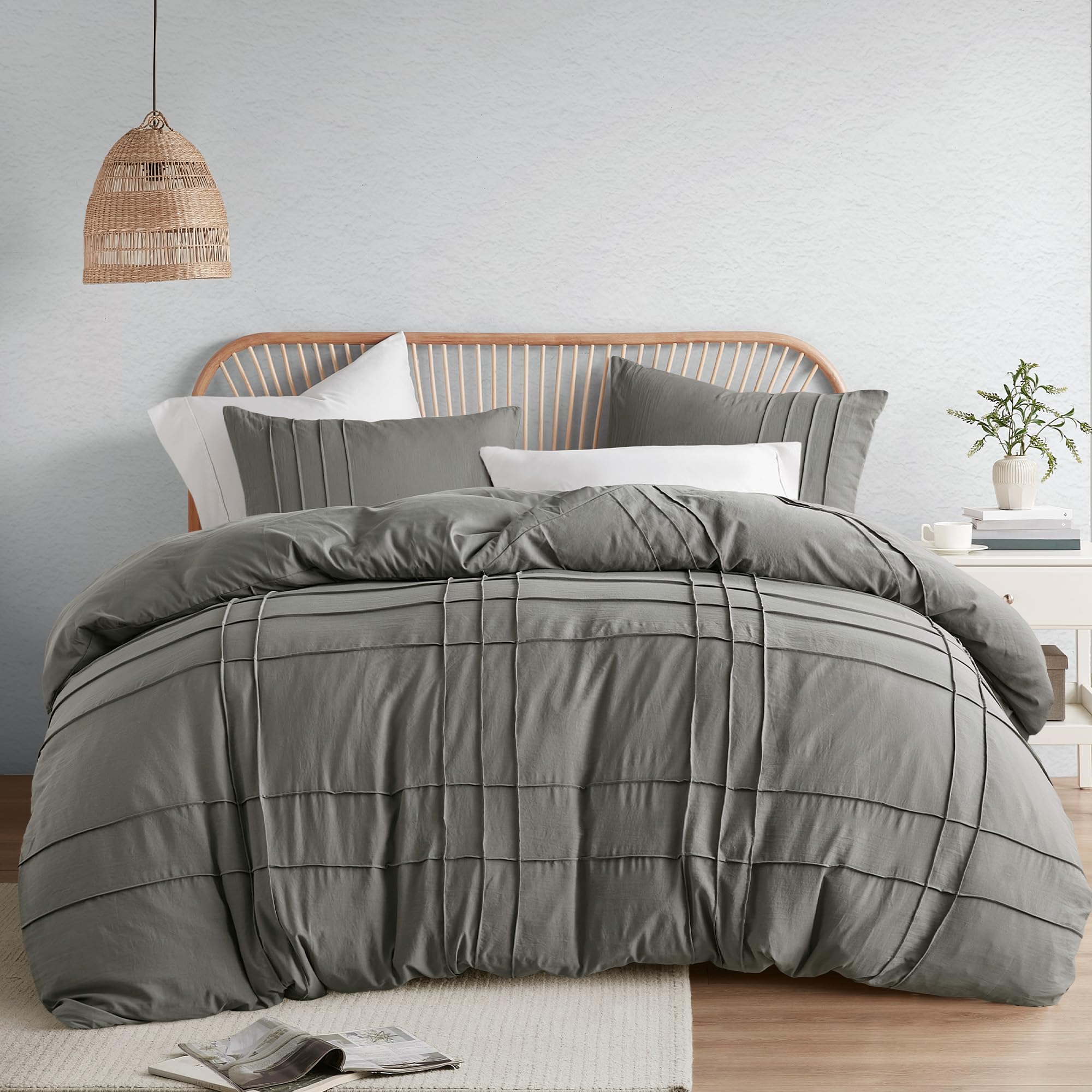 Comfort Spaces Grey Queen Size Duvet Cover Set - 3 Pieces Pintuck Pleated Duvet Cover, All Season Lightweight, Extra Softness Pre-Washed Microfiber Bedding Cover Shams, Full/Queen