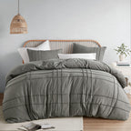 Comfort Spaces Grey Full Size Duvet Cover Set - 3-Pc Pintuck Pleated Duvet Cover Full, All Season Lightweight, Extra Softness Pre-Washed Microfiber Full Bed Cover Shams, Full