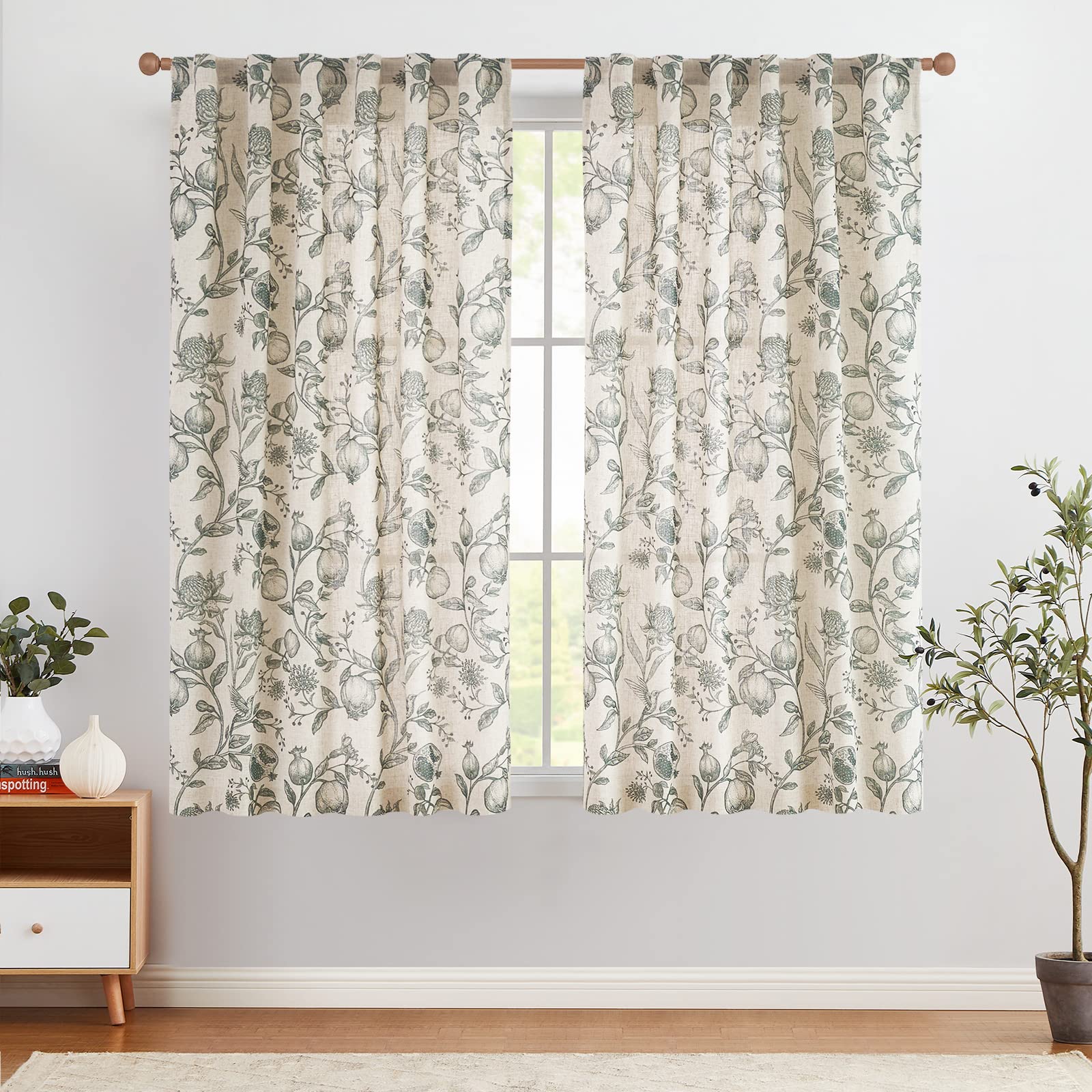 Jinchan Linen Curtains Floral Curtains For Living Room 63 Inch Length Dark Green French Curtains Back Tab Light Filtering Toile
