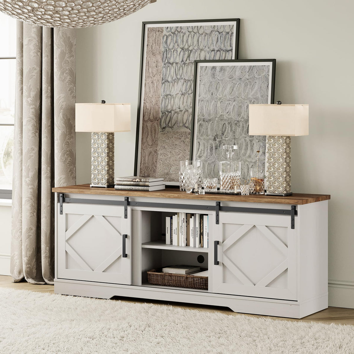 Wampat 75 In Farmhouse Tv Stand With Sliding Barn Door,Wood Entertainment Center With Storage For Living Room, Antique White