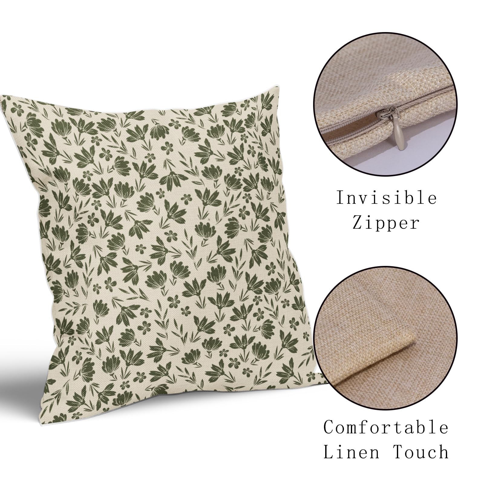 Olive Green Floral Pillow Covers 18X18 Set Of 2 Vintage Rustic Old Style Cute Small Flower Green Cream Print Decorative Outdoor