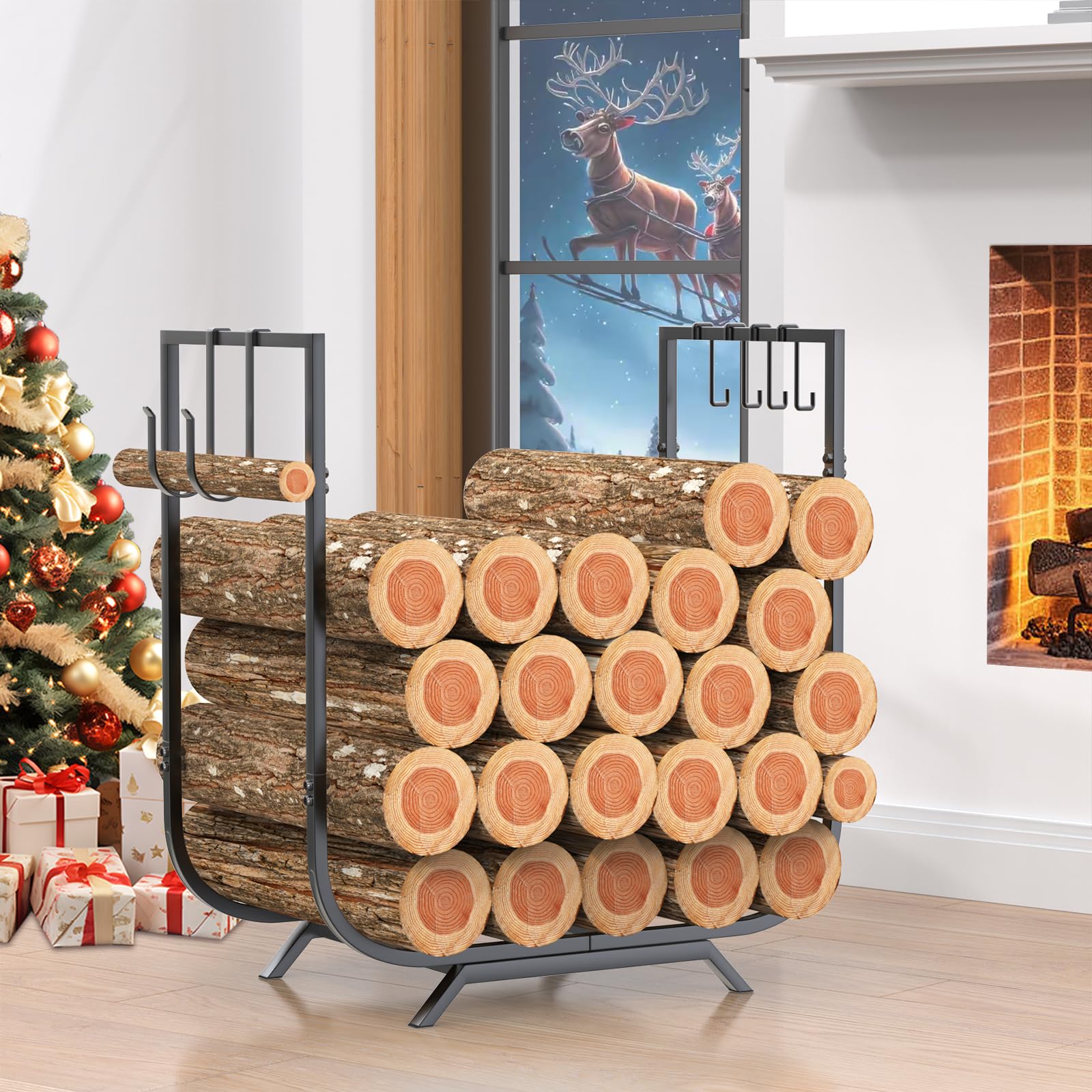 50 Gal (190 L) Upgraded Sturdy Firewood Rack Holder, Thickened Outdoor Indoor Fire Wood Pile Storage Stacker With 6 Hooks, Rustp