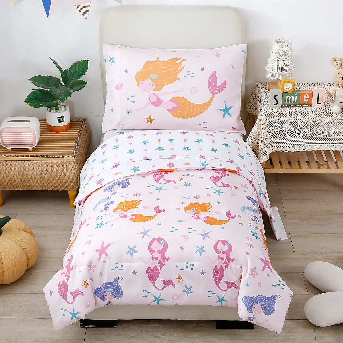 Perfemet Toddler Bedding Sets Girls 4 Pieces Pink Mermaid Toddler Bed In A Bag Soft Reversible Blush Toddler Bed Set Include Com