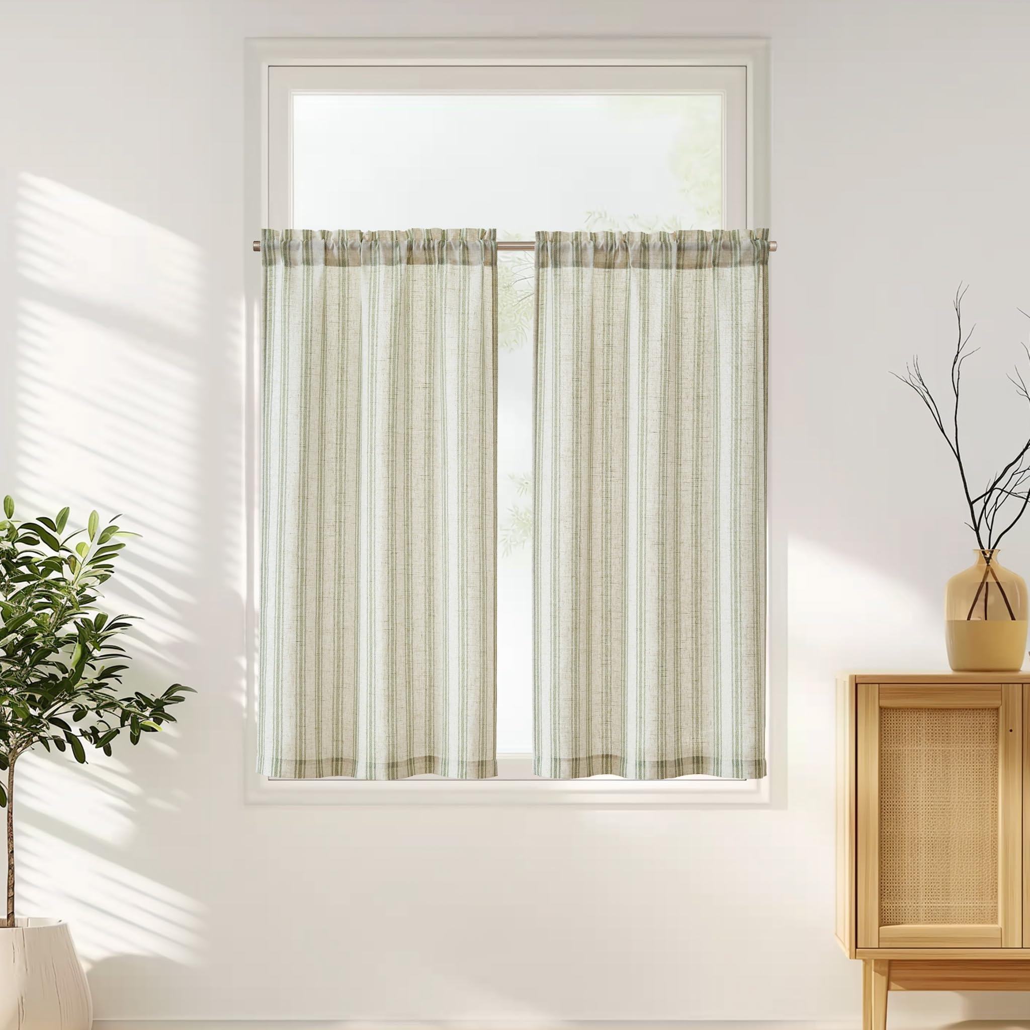 Jinchan Striped Linen Kitchen Curtains 45 Inch Cafe Tier Curtains Balanced Stripe Farmhouse Small Drapes For Bathroom Laundry Over Sink Half Window Light Filtering 2 Panels Sage Green On Beige