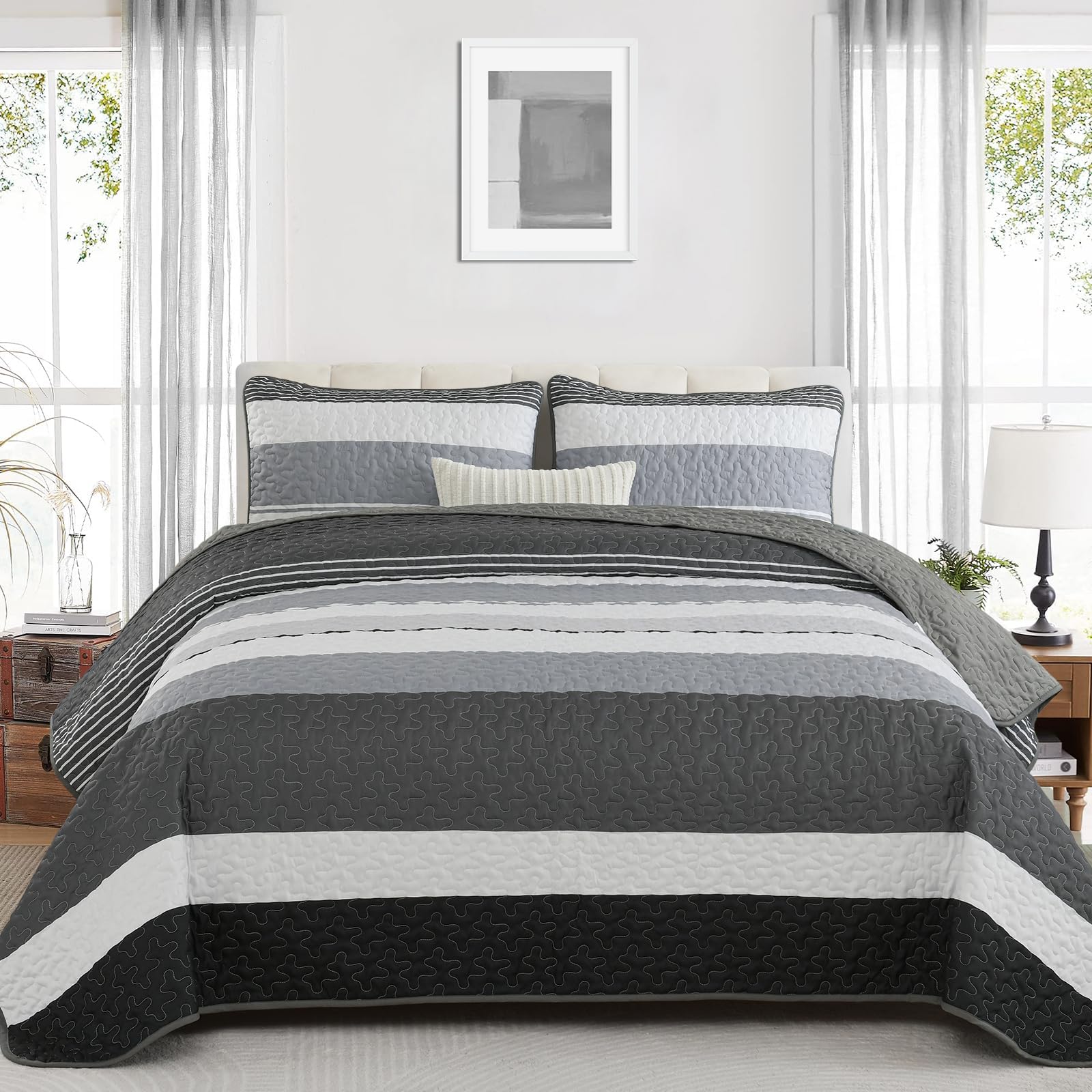 Dinjoy Grey Boho Quilt Set Queen Size,Spring Gray Bedding Sets Striped Patchwork Brown Bedspread Lightweight Micofiber Farmhouse