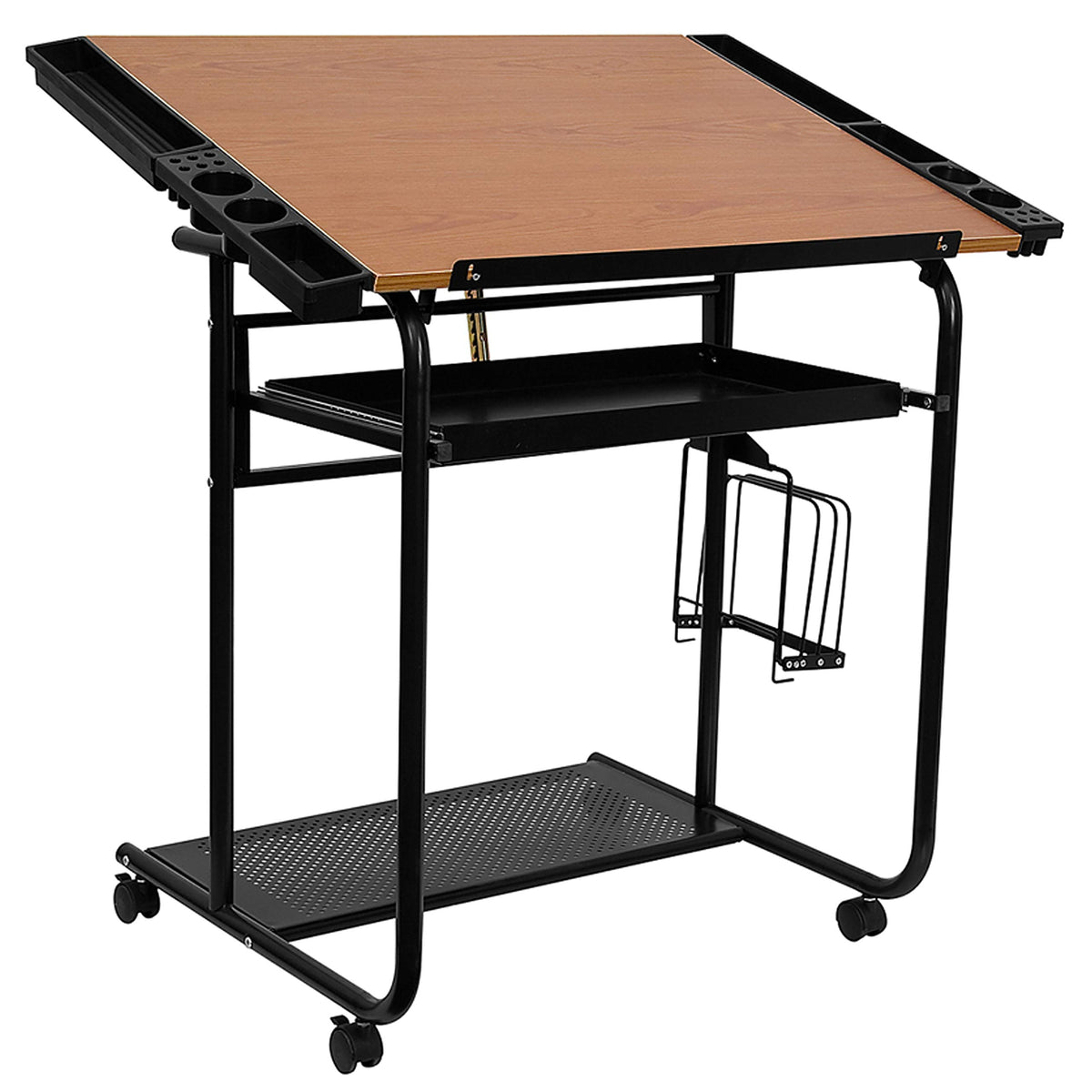 Flash Furniture Swanson Adjustable Drawing and Drafting Table with Black Frame and Dual Wheel Casters, Cherry