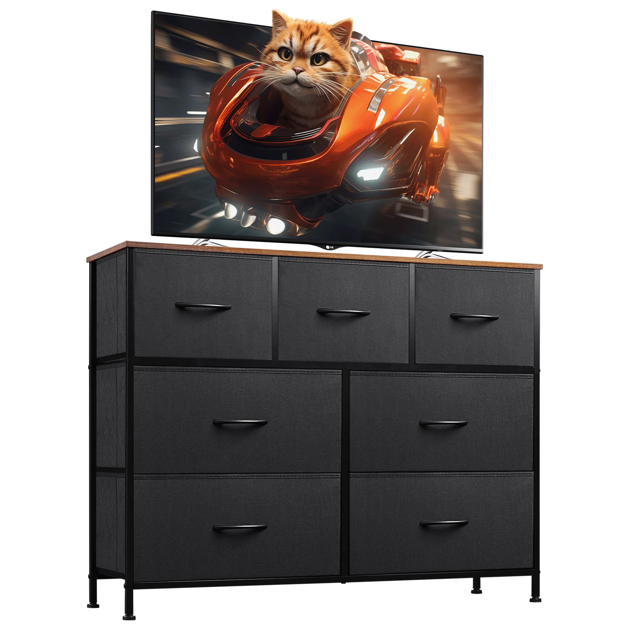 Wlive Dresser Tv Stand, Entertainment Center With Fabric Drawers, Media Console Table With Metal Frame And Wood Top For Tv Up To 45 Inch, Chest Of Drawers For Bedroom, Black And Rustic Brown