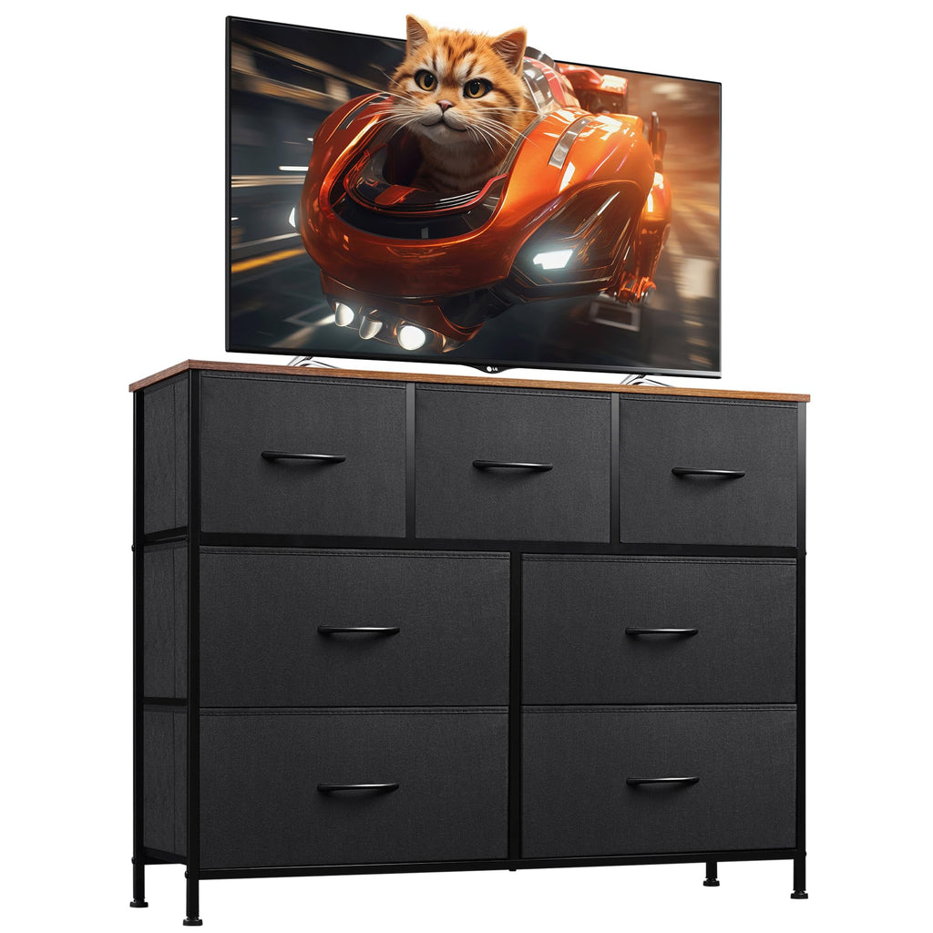 Wlive Dresser Tv Stand, Entertainment Center With Fabric Drawers, Media Console Table With Metal Frame And Wood Top For Tv Up To 45 Inch, Chest Of Drawers For Bedroom, Black And Rustic Brown