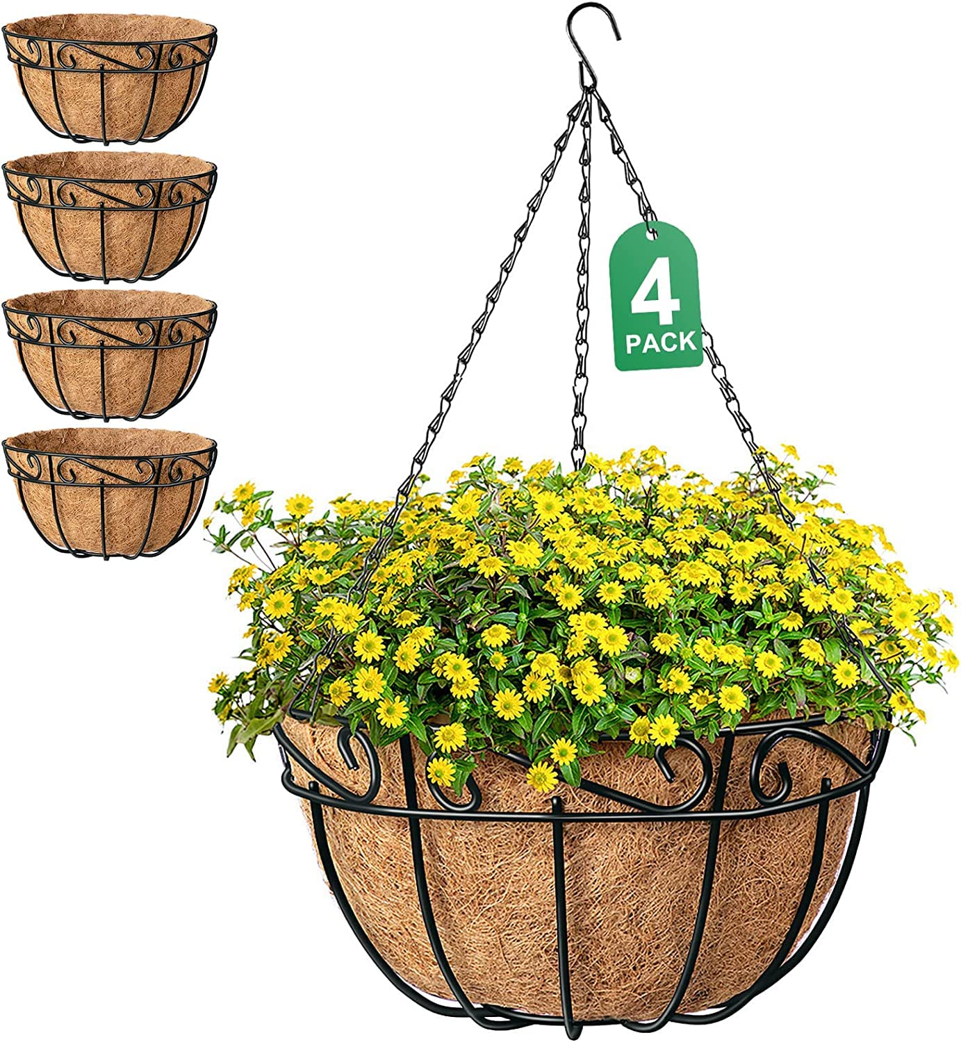 Amagabeli Garden & Home 4 Pack 14 Inch Hanging Baskets Planter For Flowers Round Outdoor Indoor Pots Holder Hanger Metal With Co