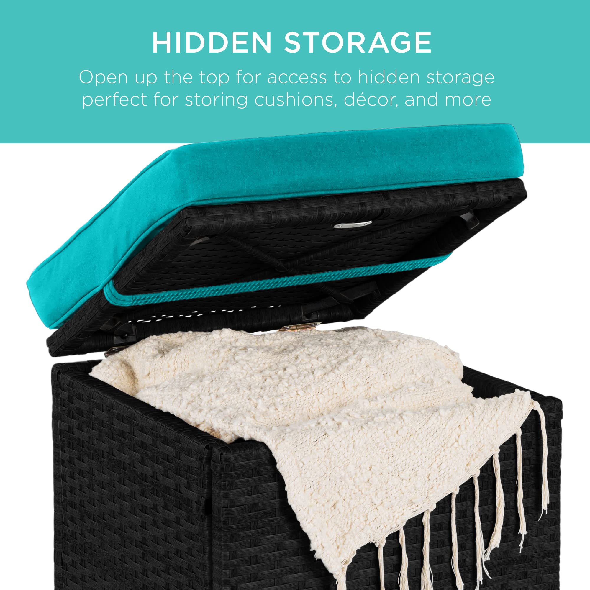 Best Choice Products Set Of 2 Wicker Ottomans, Multipurpose Outdoor Furniture For Patio, Backyard, Additional Seating, Footrest, Side Table W/Storage, Removable Cushions - Black/Teal