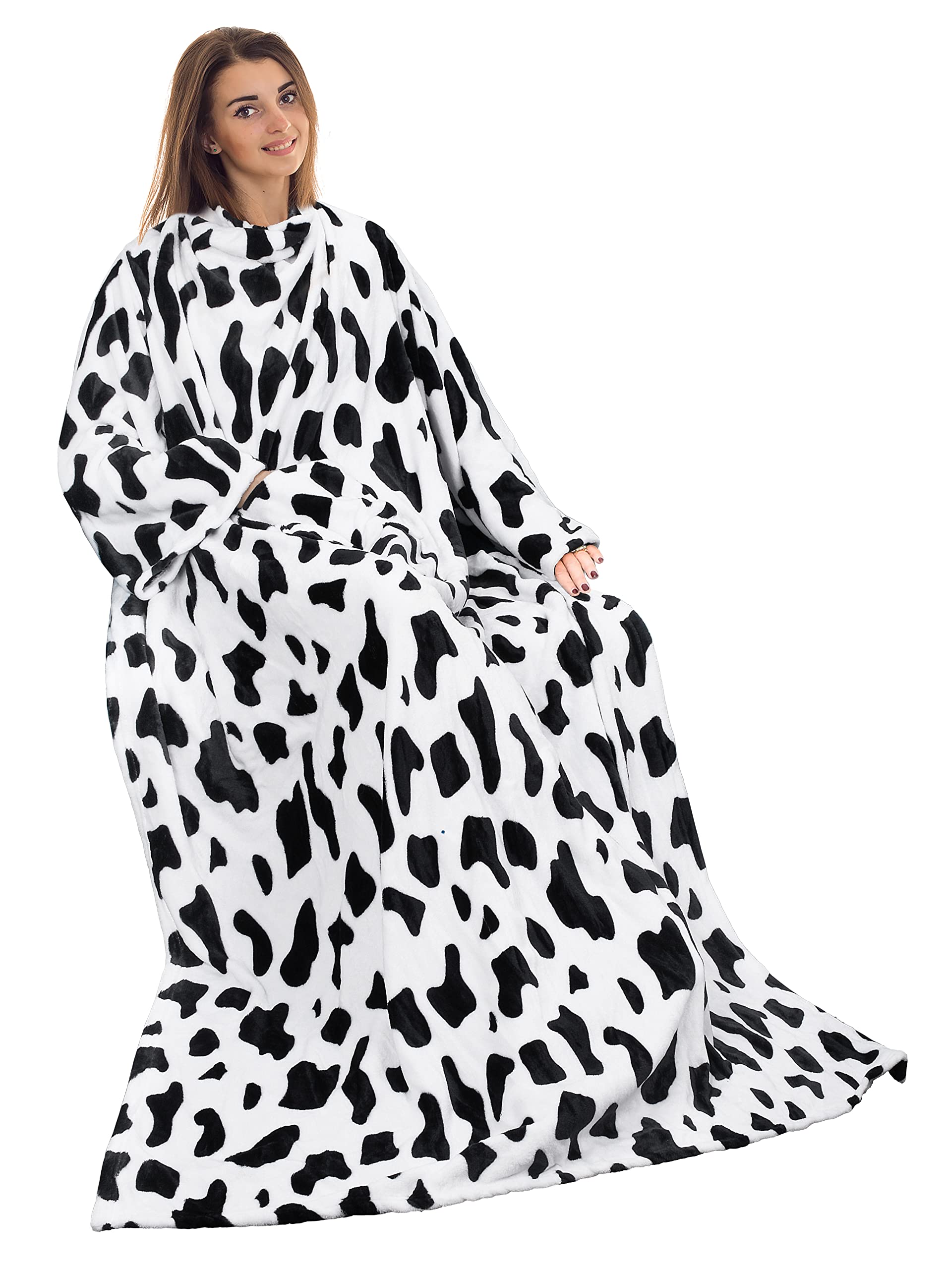 Catalonia Cow Print Wearable Blanket With Sleeves And Pocket, Cozy Soft Fleece Mink Micro Plush Wrap Throws Blanket Robe For Wom