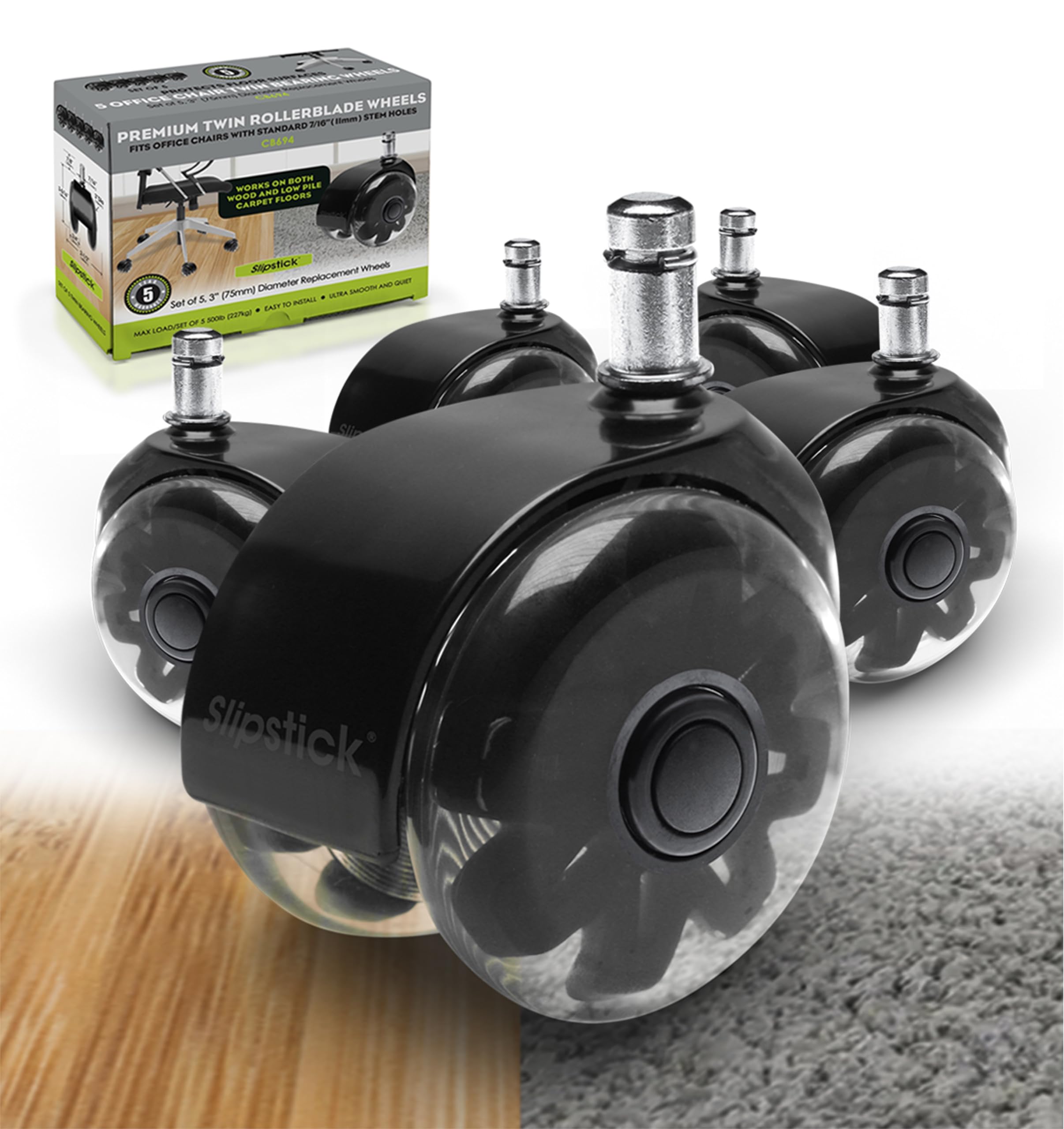 Monster 3    Dual Rollerblade Office Chair Wheels (Set Of 5) Slipstick Premium Rubber Caster Wheels For Chairs, Smooth & Safe Ro