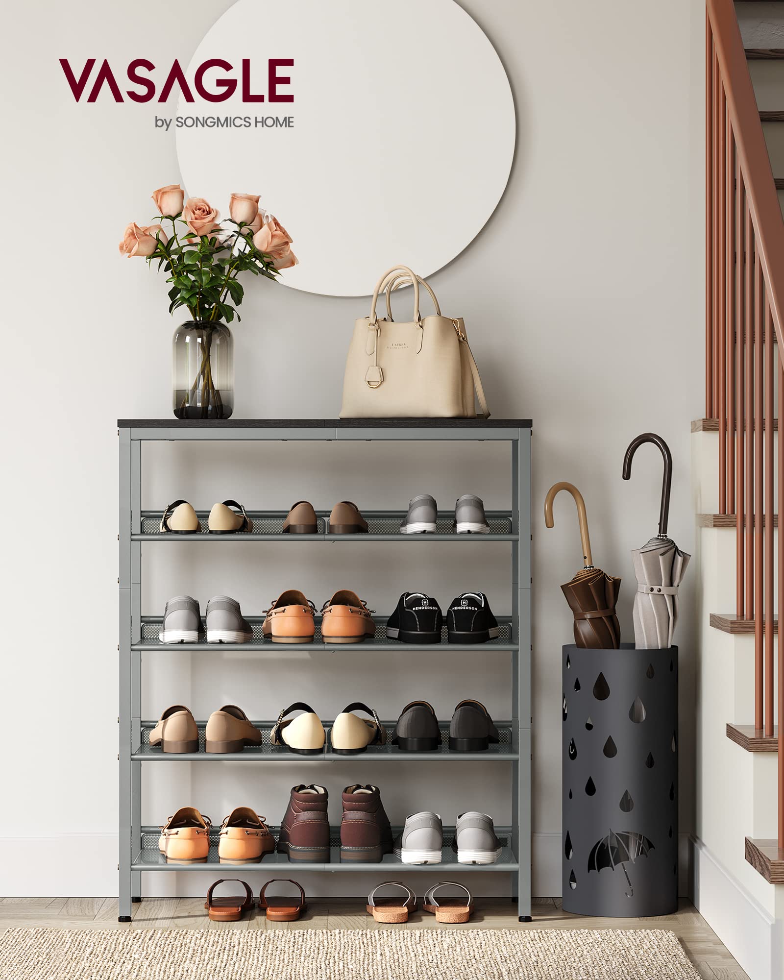 VASAGLE 5-Tier Shoe Rack Organizer - Charcoal Grey & Metallic Silver, Freestanding, Adjustable Storage Shelves for Entryway ULBS038E22
