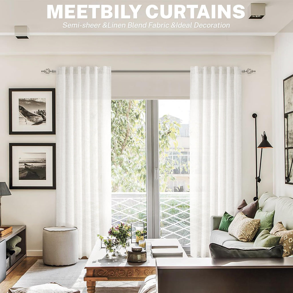 Meetbily 90 Inches Long Linen Back Tab Curtains 2 Panels Set For Living Room Ivory Light Filtering Semi Sheer Farmhouse Boho Lin