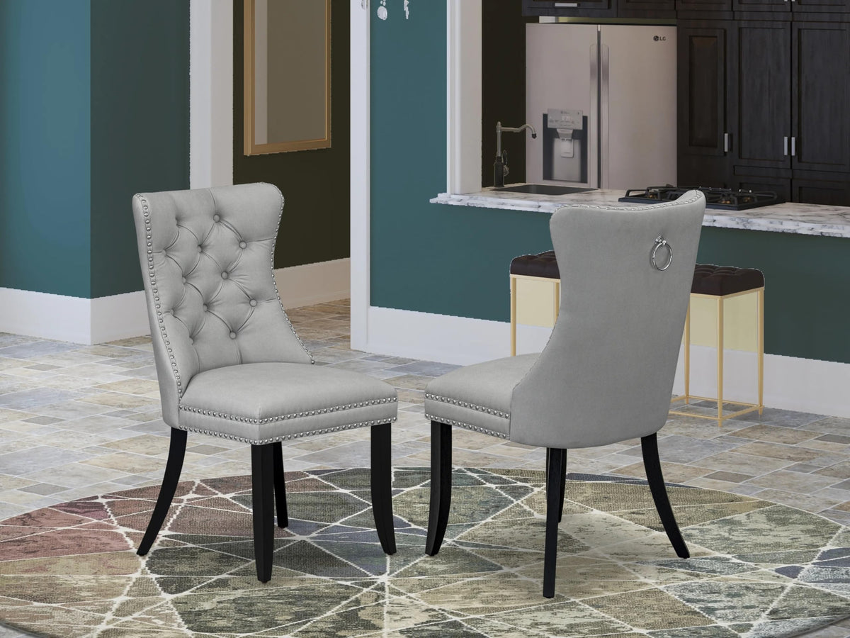East West Furniture Dap6F27 Dallas Parson Dining Room Chairs - Button Tufted Nailhead Light Gray Faux Leather Padded Chairs, Set Of 2, Wirebrushed Black