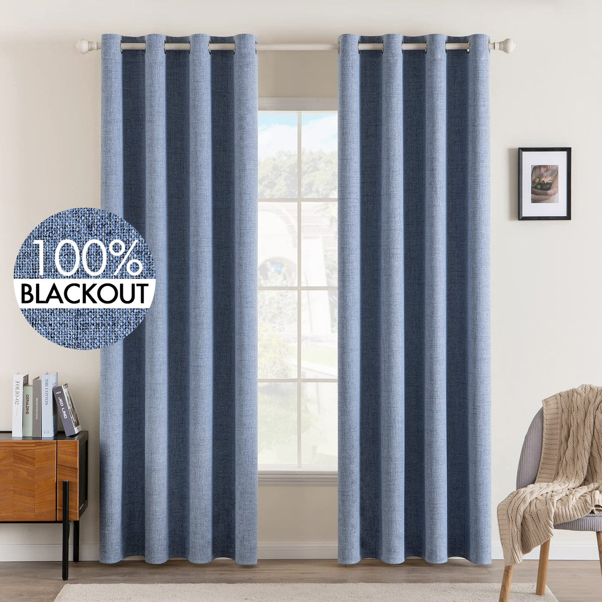 Miulee Linen Texture Curtains For Bedroom Solid 100% Blackout Thermal Insulated Stone Blue Curtains Grommet Room Darkening Curta