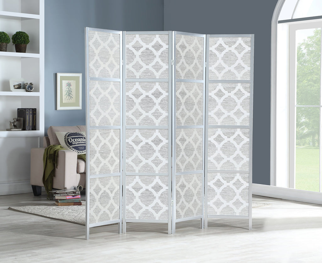 Quarterfoil Infused Diamond Design 4-Panel Room Divider, Silver