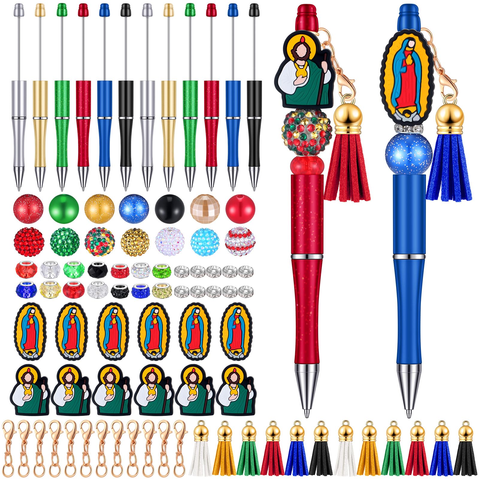 Colarr 12 Sets Jesus Beadable Pens Bulk with Colorful Tassels Clasps and Beaded DIY Religious Pen Making Kit for Women Office Gi