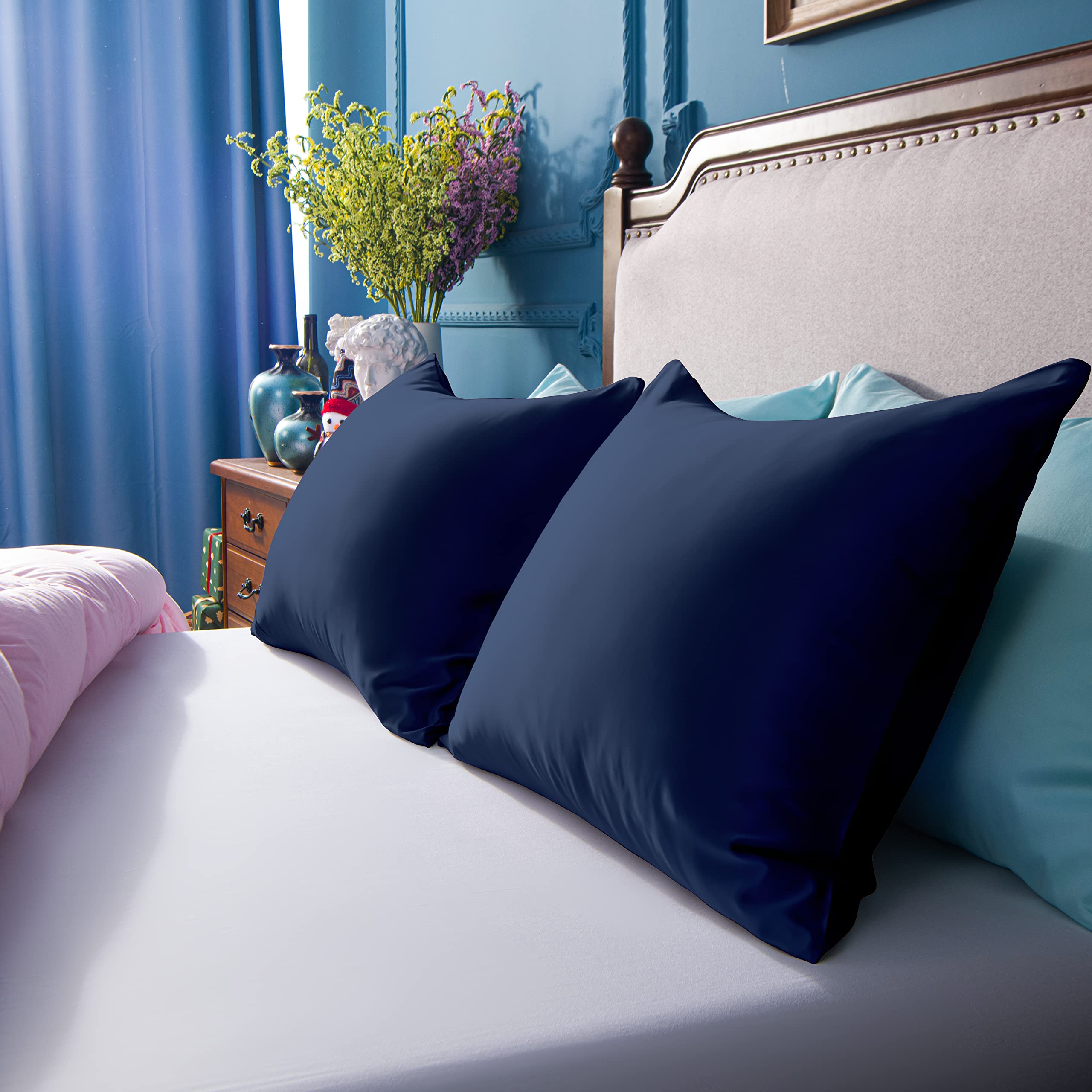 Ntbay Zippered Satin Pillow Cases For Hair And Skin, Luxury King Hidden Zipper Pillowcases Set Of 2, 20X36 Inches, Navy Blue