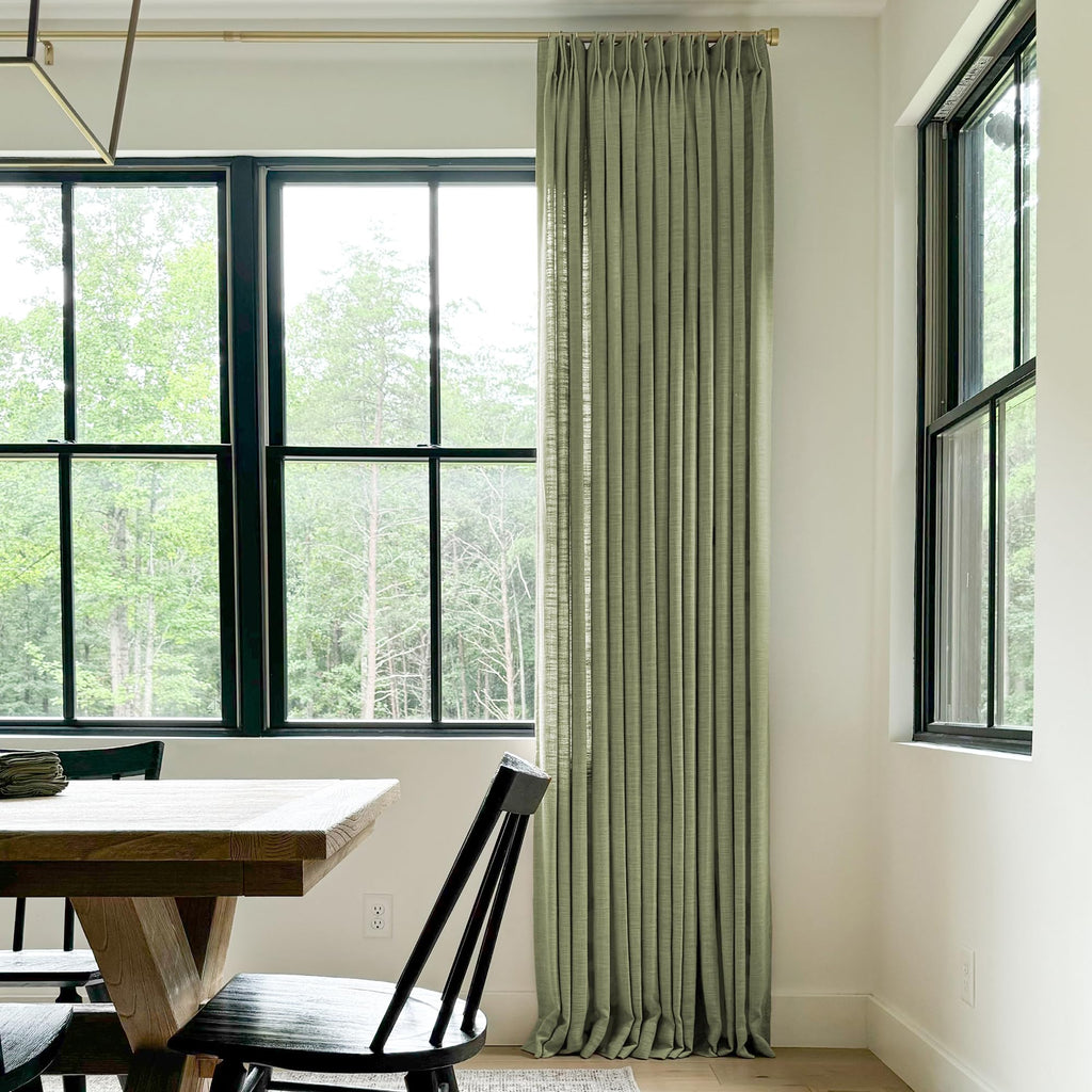 Twopages Double Layer Lined Curtain Olive Linen Blend Light Filtering Pinch Pleat Curtain For Kitchen, Room Darkening Window Tre