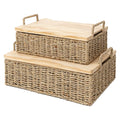 QINGTUHOME Woven Seagrass Wicker Storage Basket Set of 2 with Wooden Lids