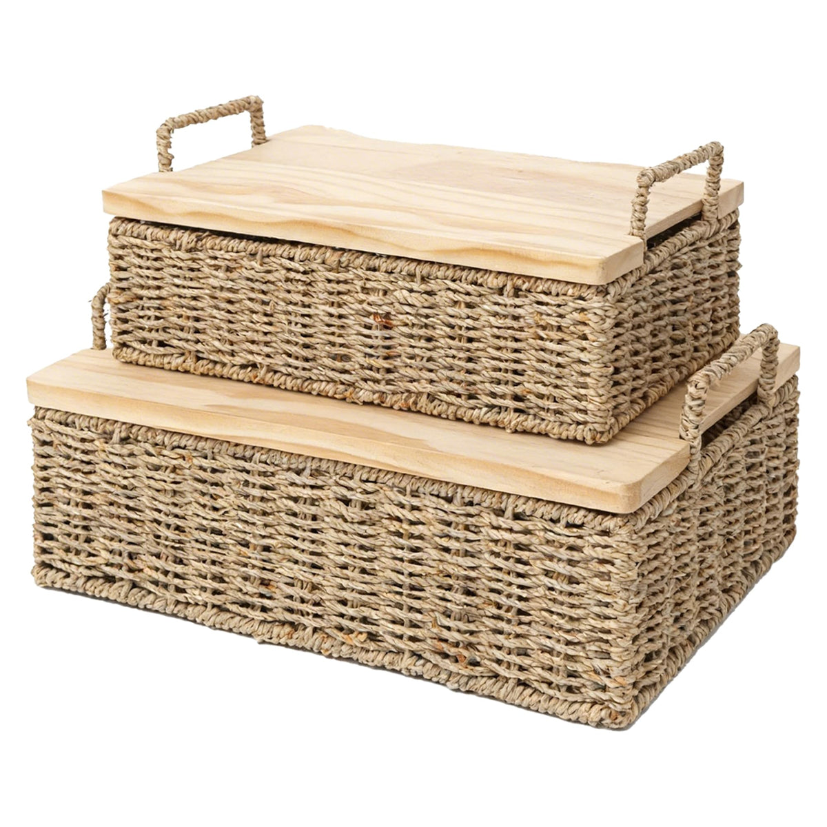 QINGTUHOME Woven Seagrass Wicker Storage Basket Set of 2 with Wooden Lids