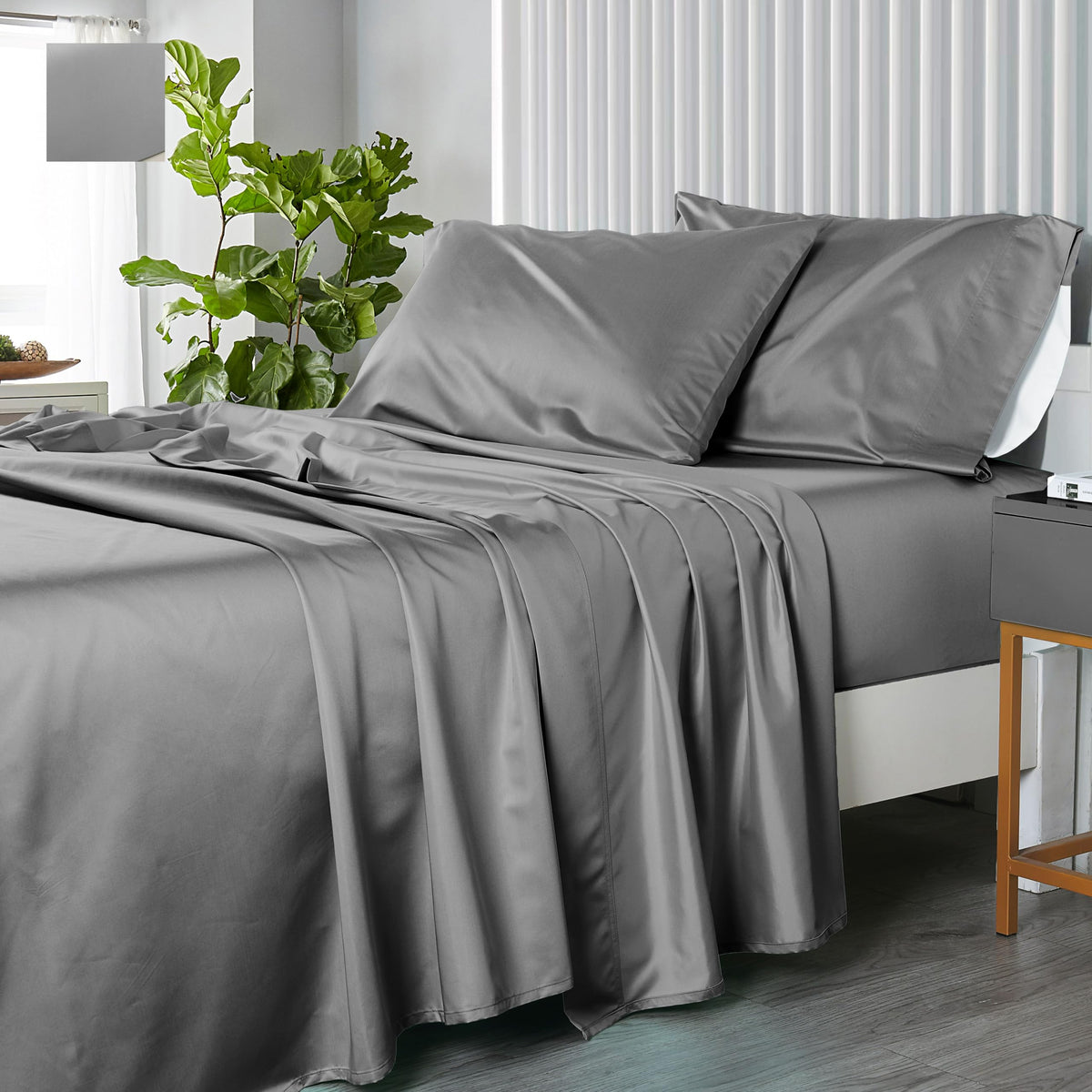 Royal Hotel Bedding Top-Split-King: Adjustable King Bed Sheets, Solid Gray 600-Thread-Count 4Pc Bed Sheet Set 100-Percent Cotton