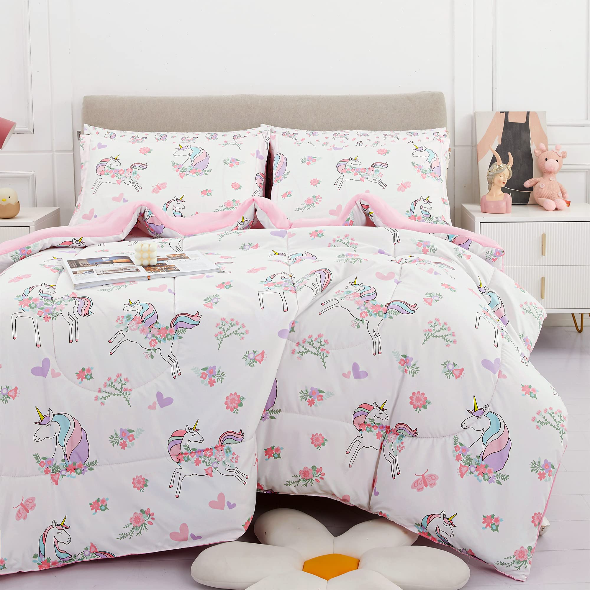Viviland Twin Unicorn Comforter Set For Girls - Kids Brushed Microfiber Twin Bedding Set - 5 Pieces Machine Washable Bed In A Ba